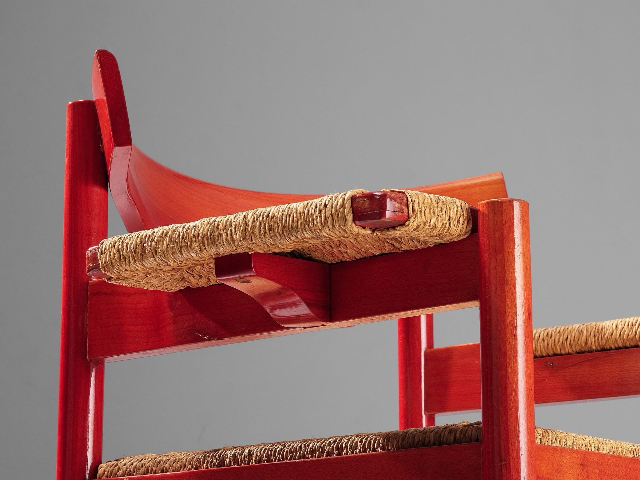 Straw Vico Magistretti for Cassina Rare 'Carimate' Armchair in Red Stained Wood 