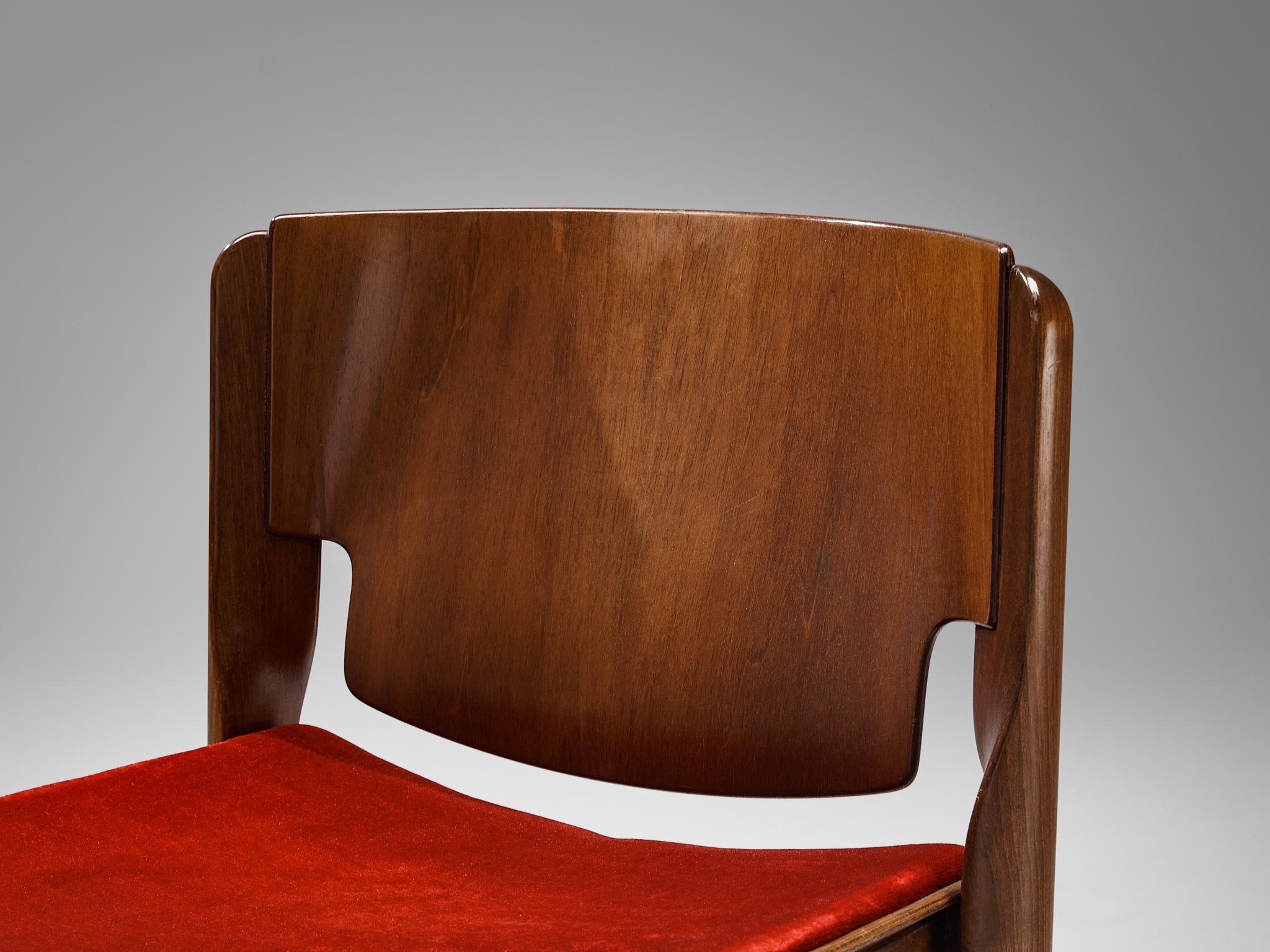 Vico Magistretti for Cassina Set of Eight Chairs in Red Velvet and Walnut For Sale 4