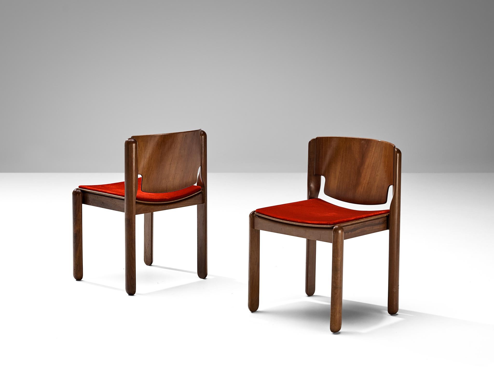 Mid-Century Modern Vico Magistretti for Cassina Set of Eight Chairs in Red Velvet and Walnut For Sale