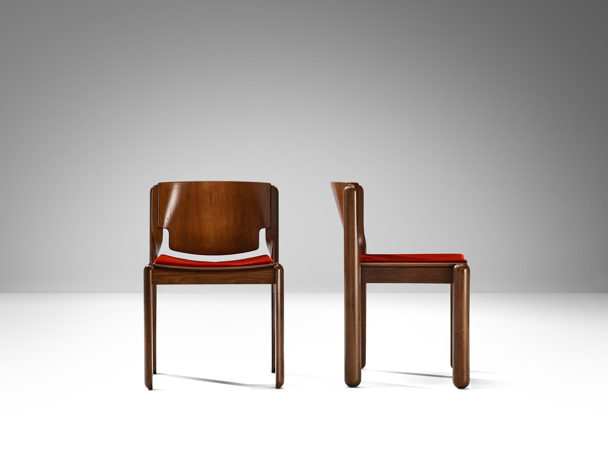 Mid-20th Century Vico Magistretti for Cassina Set of Eight Chairs in Red Velvet and Walnut For Sale