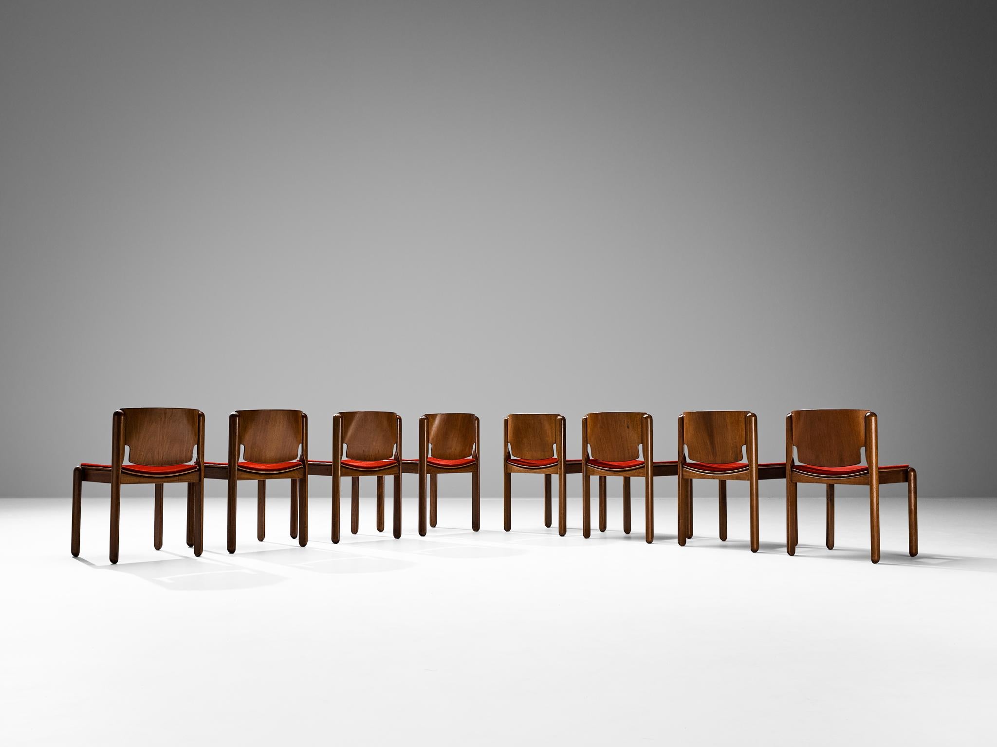 Vico Magistretti for Cassina Set of Eight Chairs in Red Velvet and Walnut For Sale 2