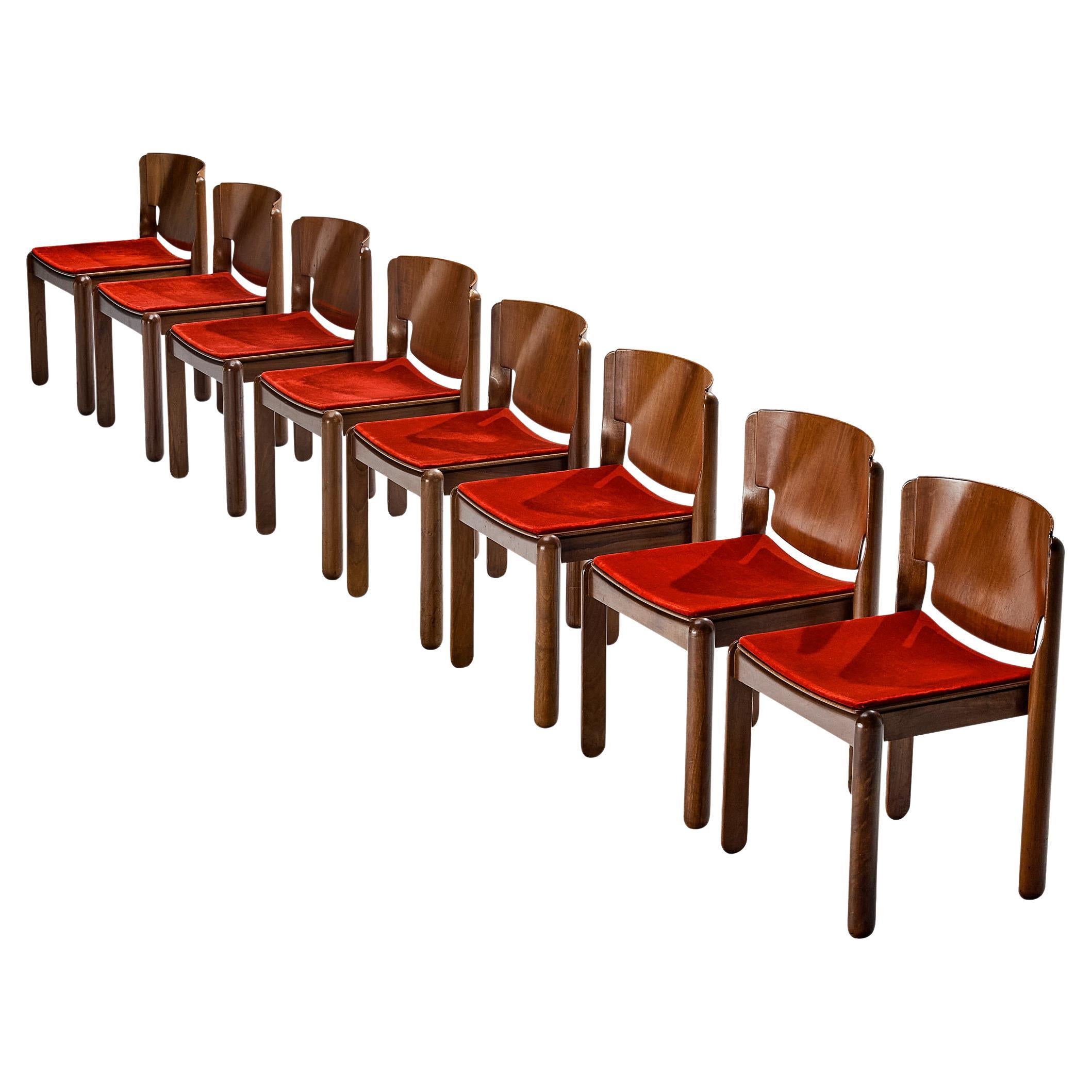 Vico Magistretti for Cassina Set of Eight Chairs in Red Velvet and Walnut
