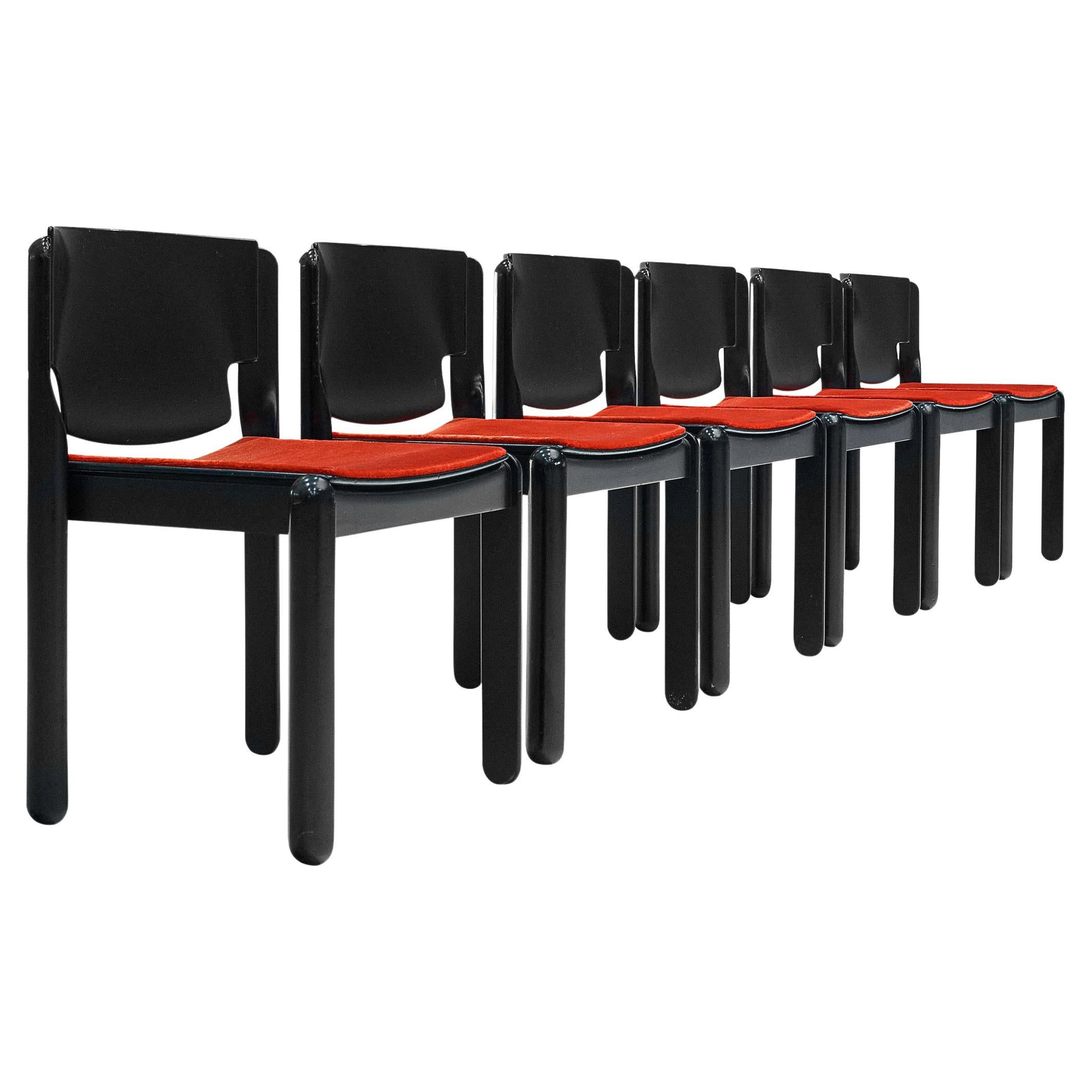 Vico Magistretti for Cassina Set of Six Chairs in Red Velvet