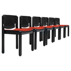 Vico Magistretti for Cassina Set of Six Chairs in Red Velvet
