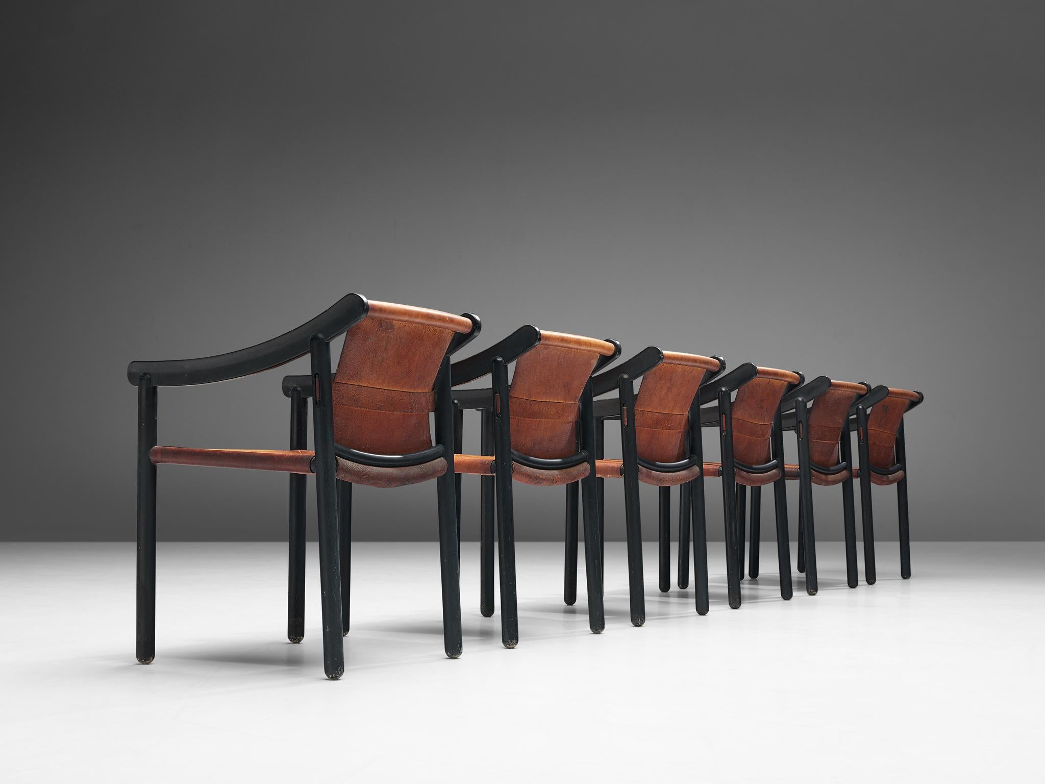 Vico Magistretti for Cassina Set of Six Early '905' Armchairs in Cognac Leather 2
