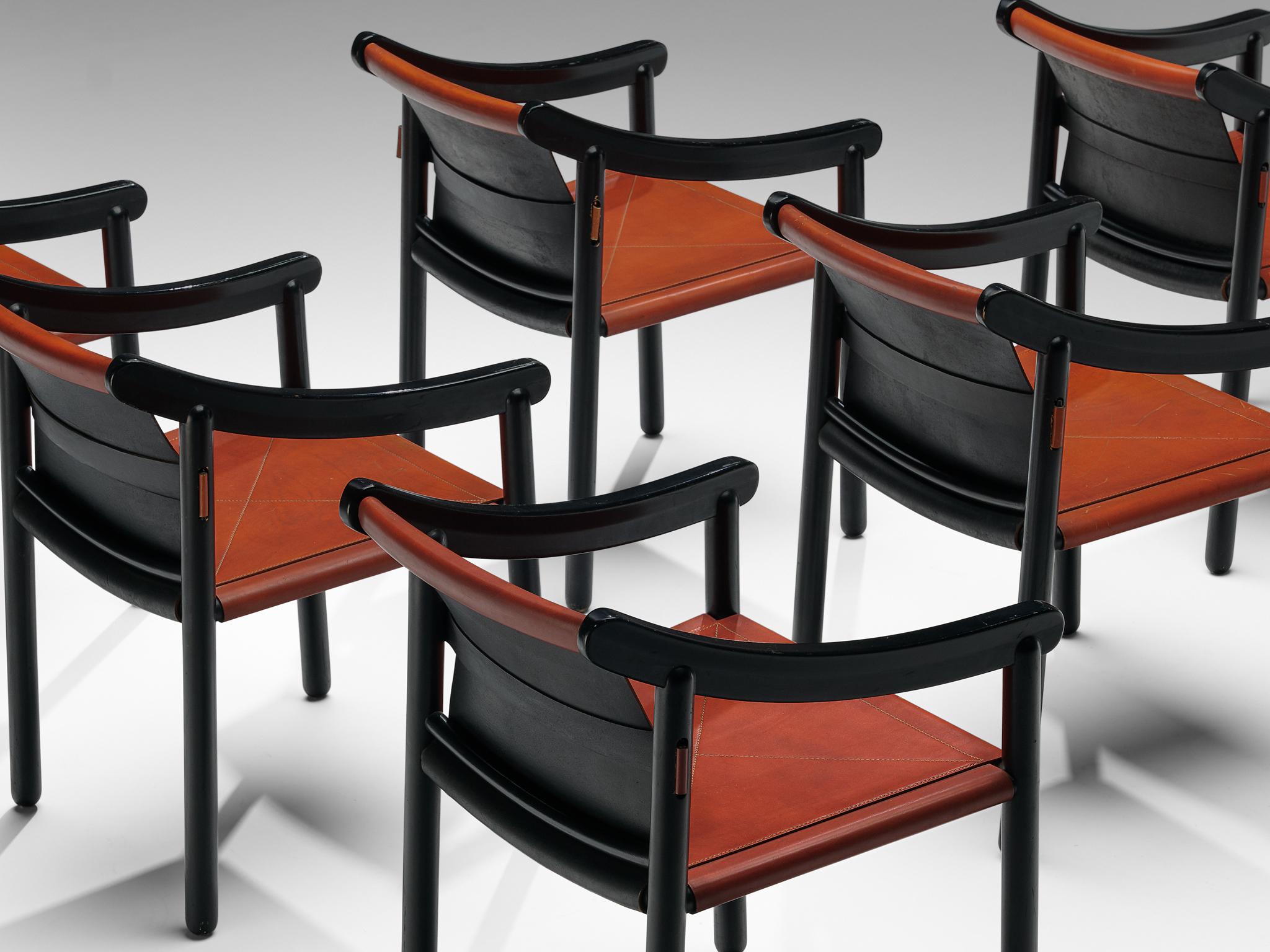 Set aus sechs frühen Sesseln ''905'' aus rotem Leder von Vico Magistretti für Cassina 4