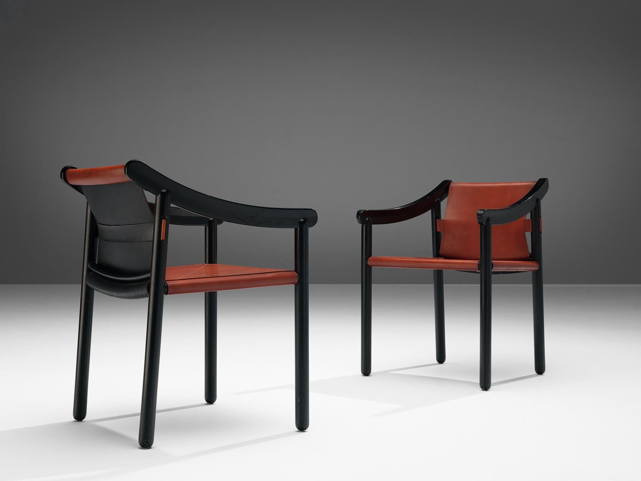 Set aus sechs frühen Sesseln ''905'' aus rotem Leder von Vico Magistretti für Cassina 1