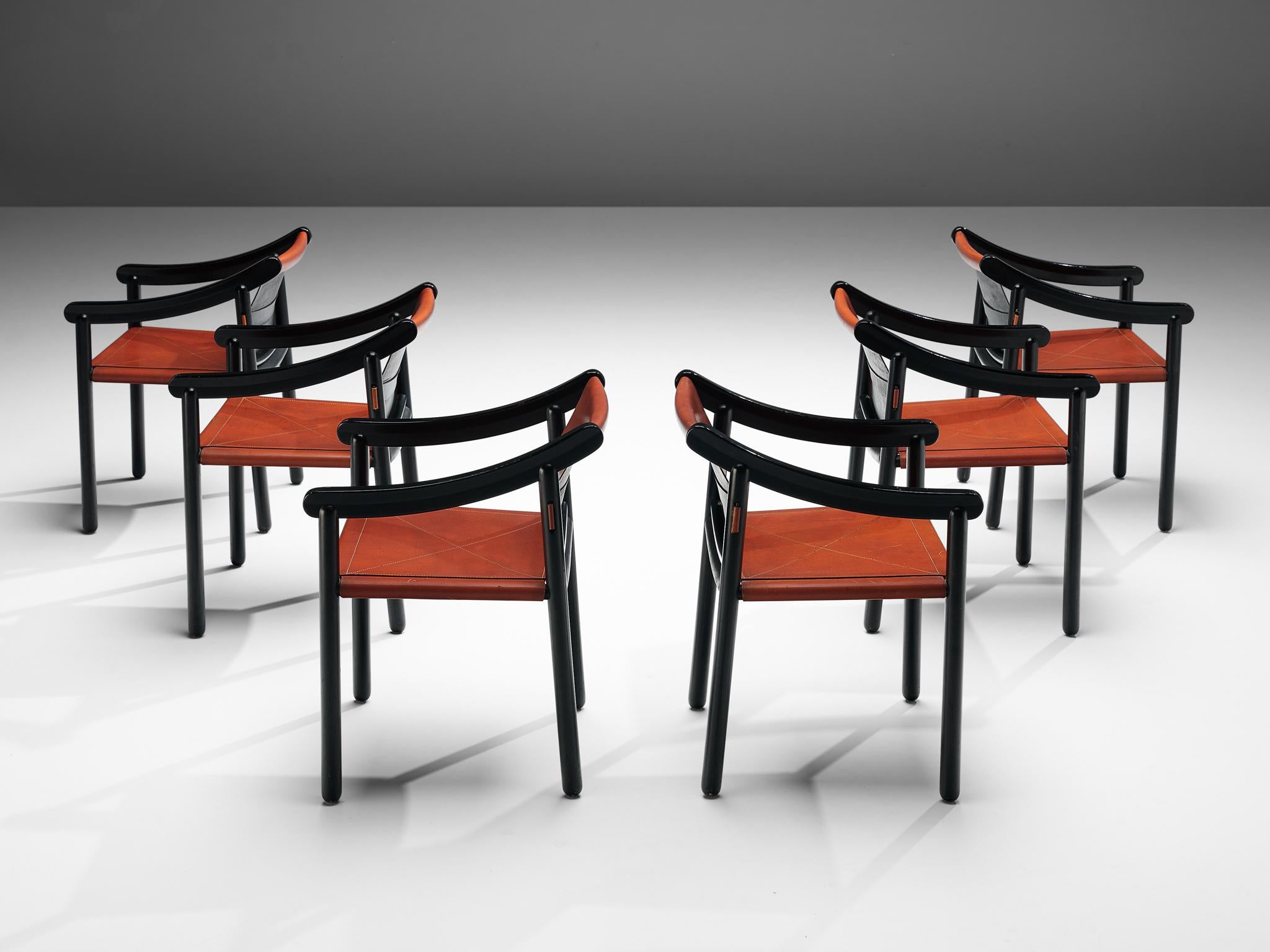 Set aus sechs frühen Sesseln ''905'' aus rotem Leder von Vico Magistretti für Cassina 2