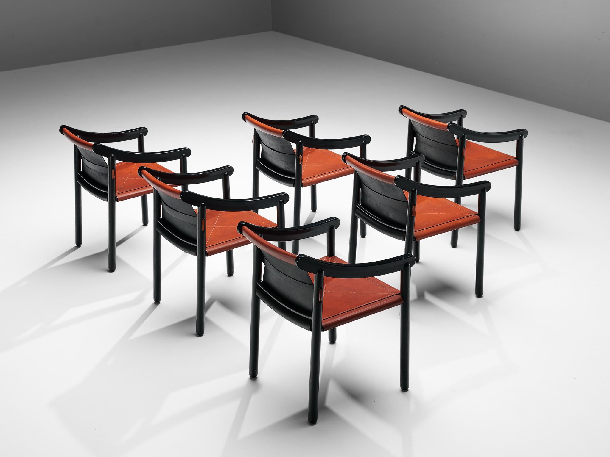 Set aus sechs frühen Sesseln ''905'' aus rotem Leder von Vico Magistretti für Cassina 3