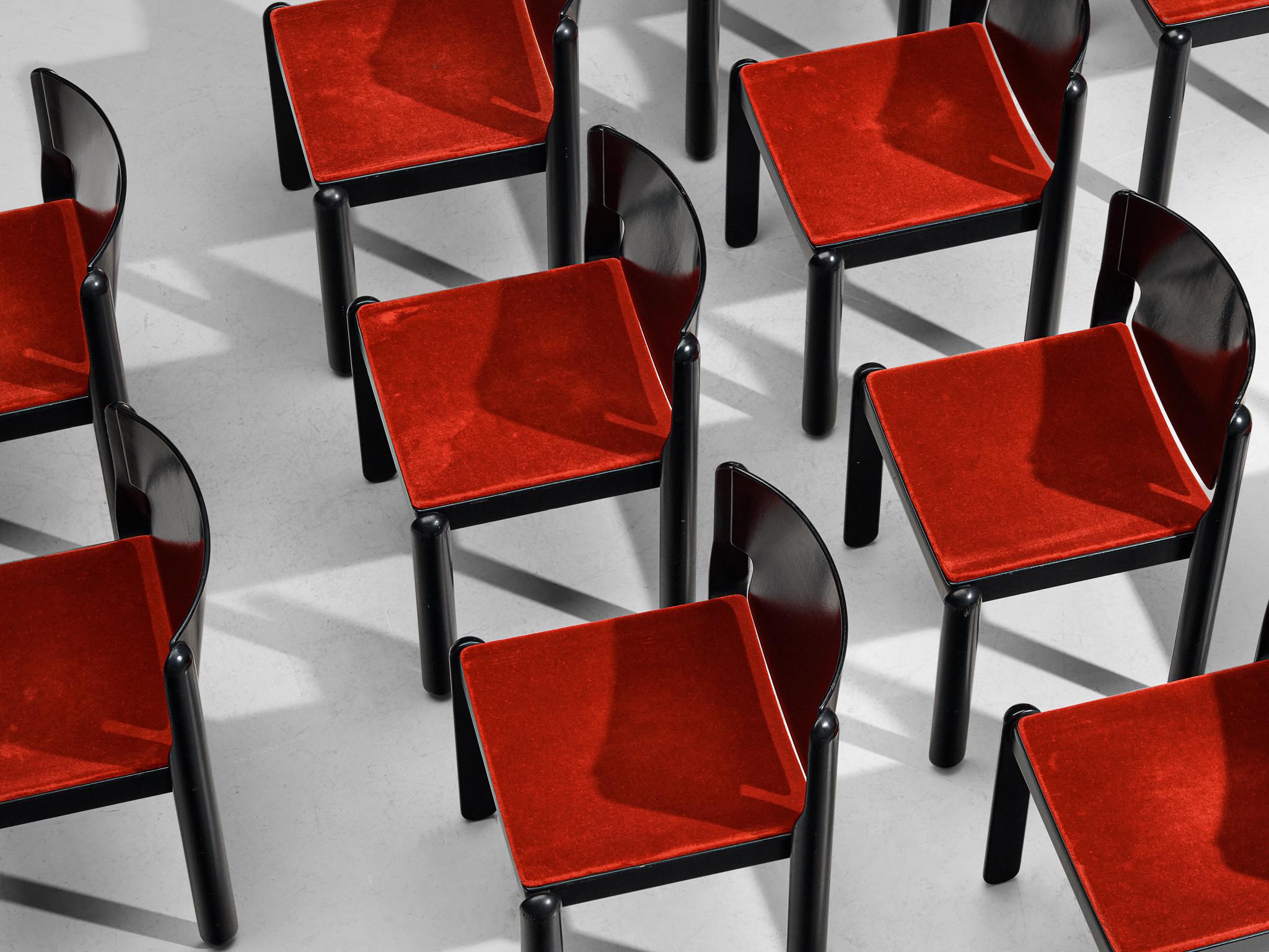 Mid-Century Modern Vico Magistretti for Cassina Set of Twelve Chairs in Red Velvet