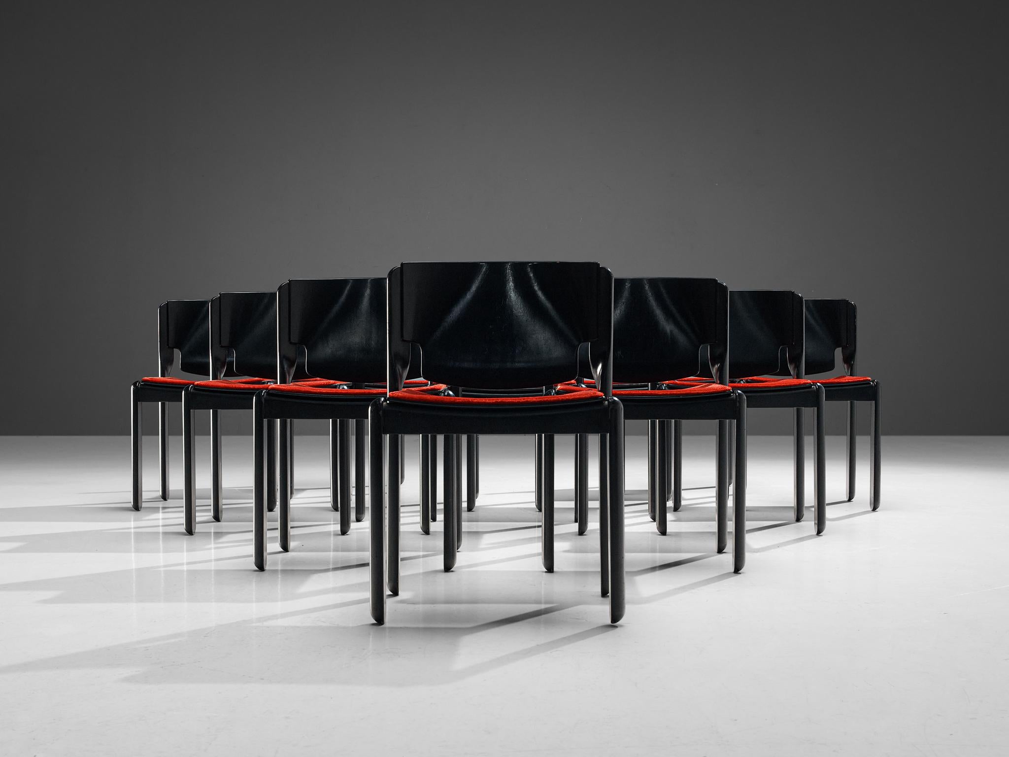 Lacquered Vico Magistretti for Cassina Set of Twelve Chairs in Red Velvet