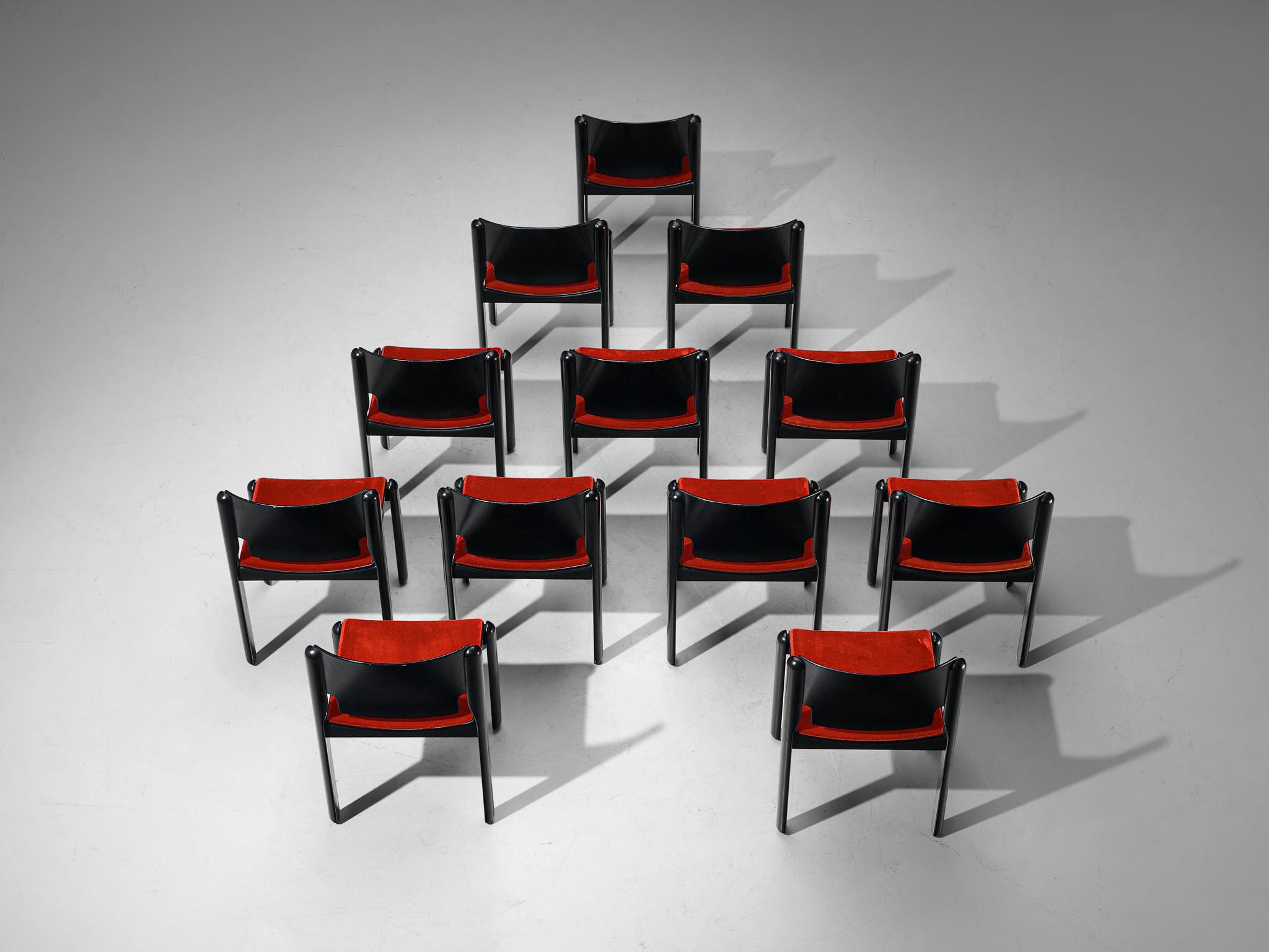 Mid-20th Century Vico Magistretti for Cassina Set of Twelve Chairs in Red Velvet