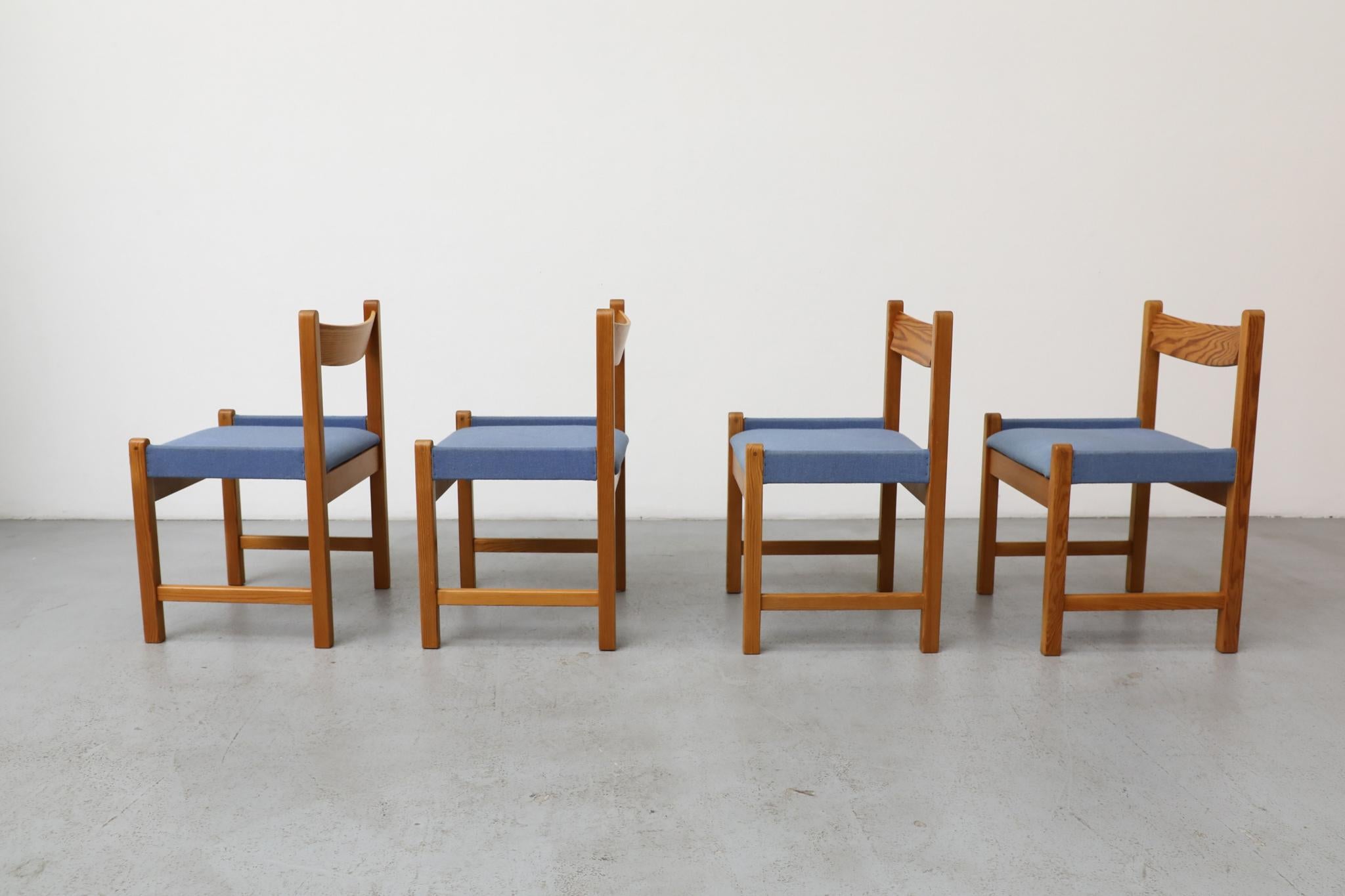 Italian Vico Magistretti Inspired Pine Dining Chair with Blue Upholstered Seats For Sale