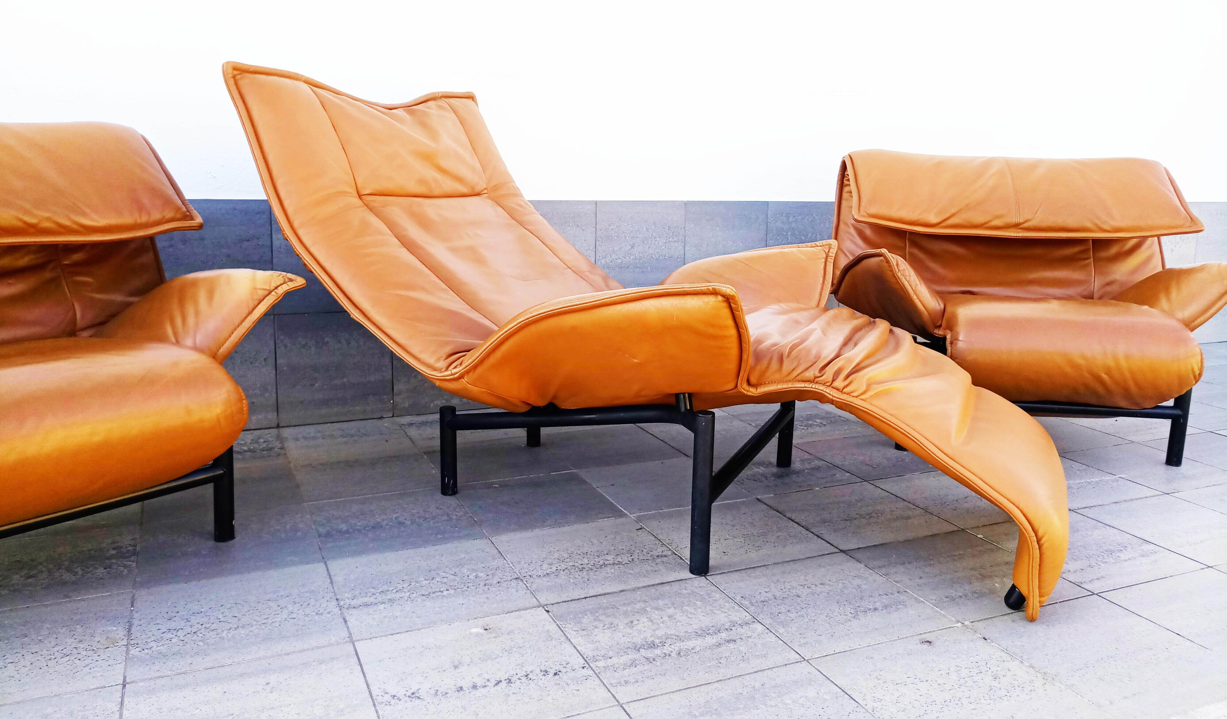 Italian Vico Magistretti Leather Lounge Armchairs 
