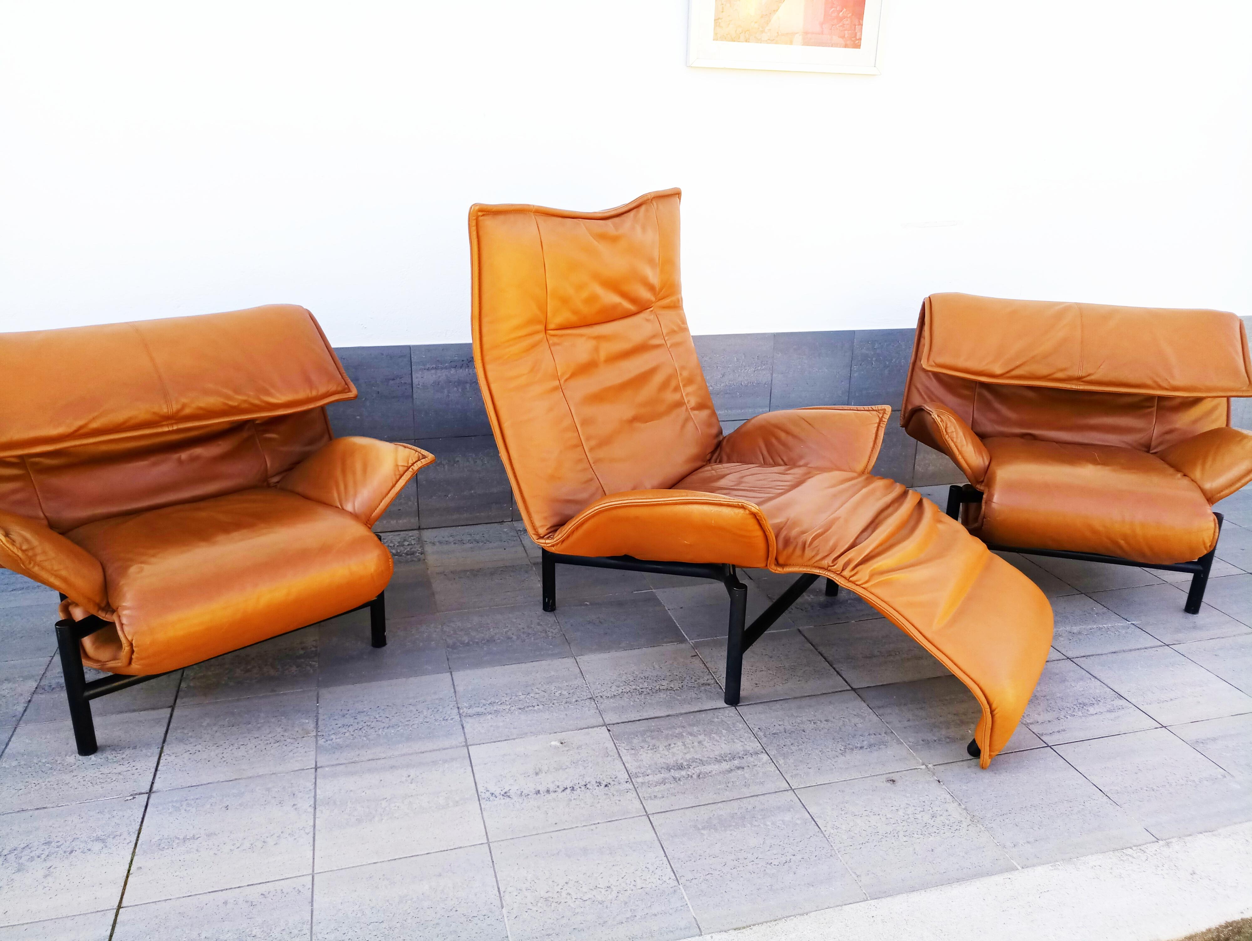 Late 20th Century Vico Magistretti Leather Lounge Armchairs 