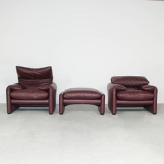 Vico Magistretti Maralunga Lounge Chairs in Red Brown Leather for Cassina, Italy