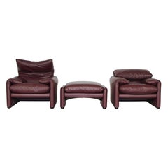 Vico Magistretti Maralunga Lounge Chairs in Red Brown Leather for Cassina, Italy