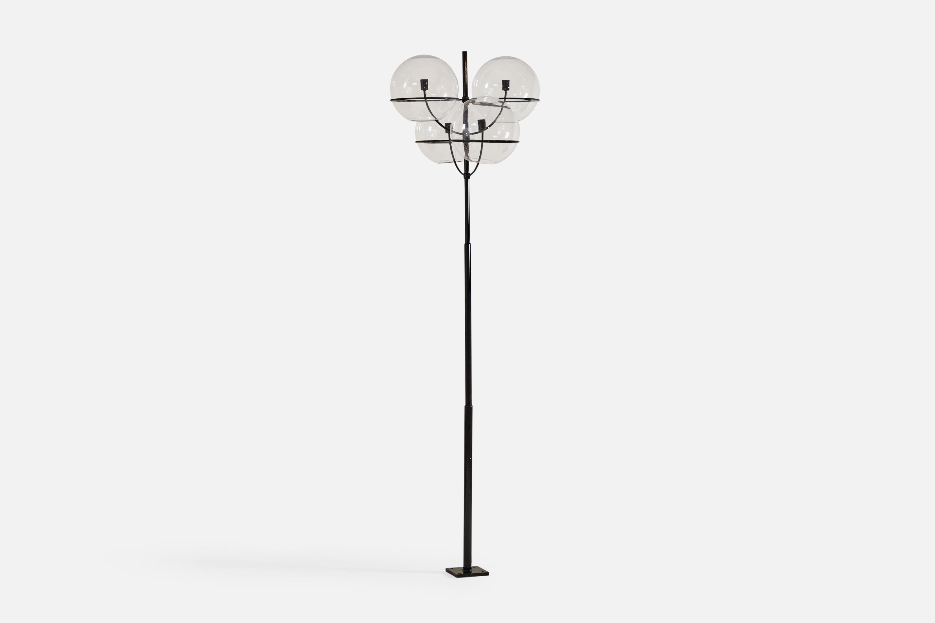A monumental black-lacquered metal and methacrylate floor lamp or outdoor light designed by Vico Magistretti and produced by O-Luce, Italy, 1970s.

Configured to be bolted into floor or ground. Lampshades with makers stamp.

Overall Dimensions