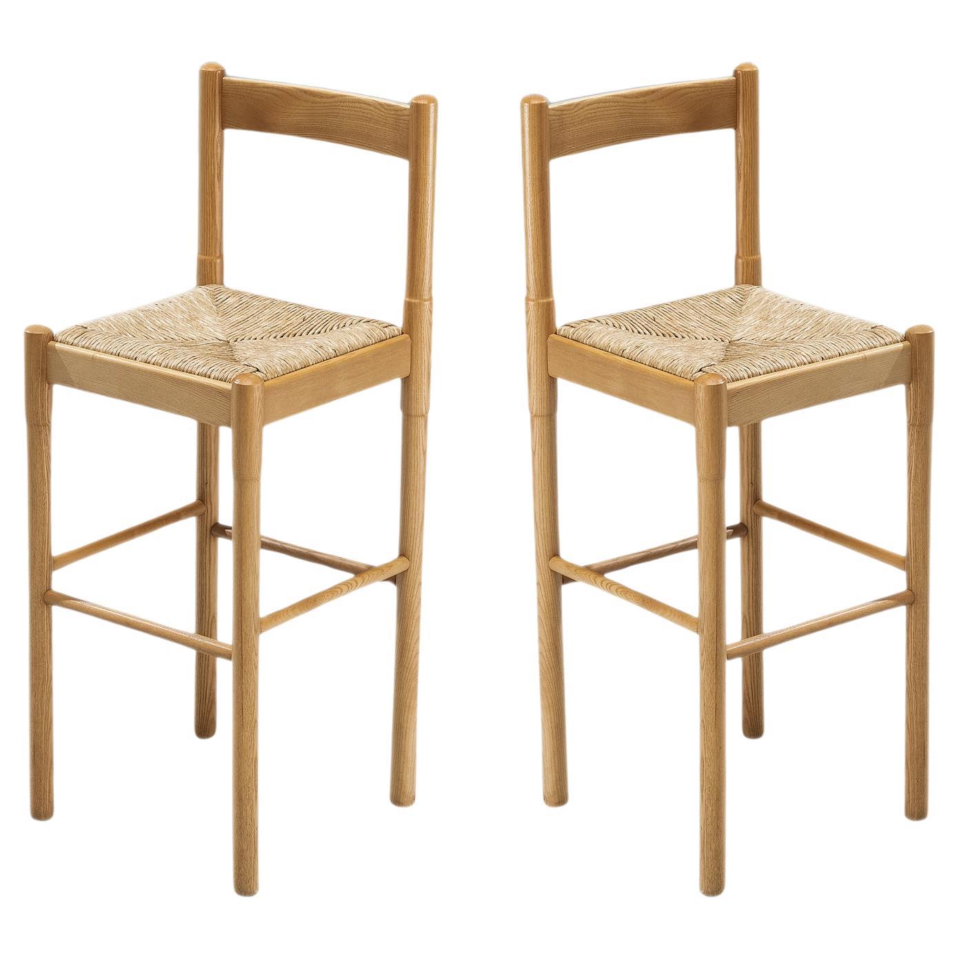 Vico Magistretti Pair of Barstools in Ash and Straw For Sale