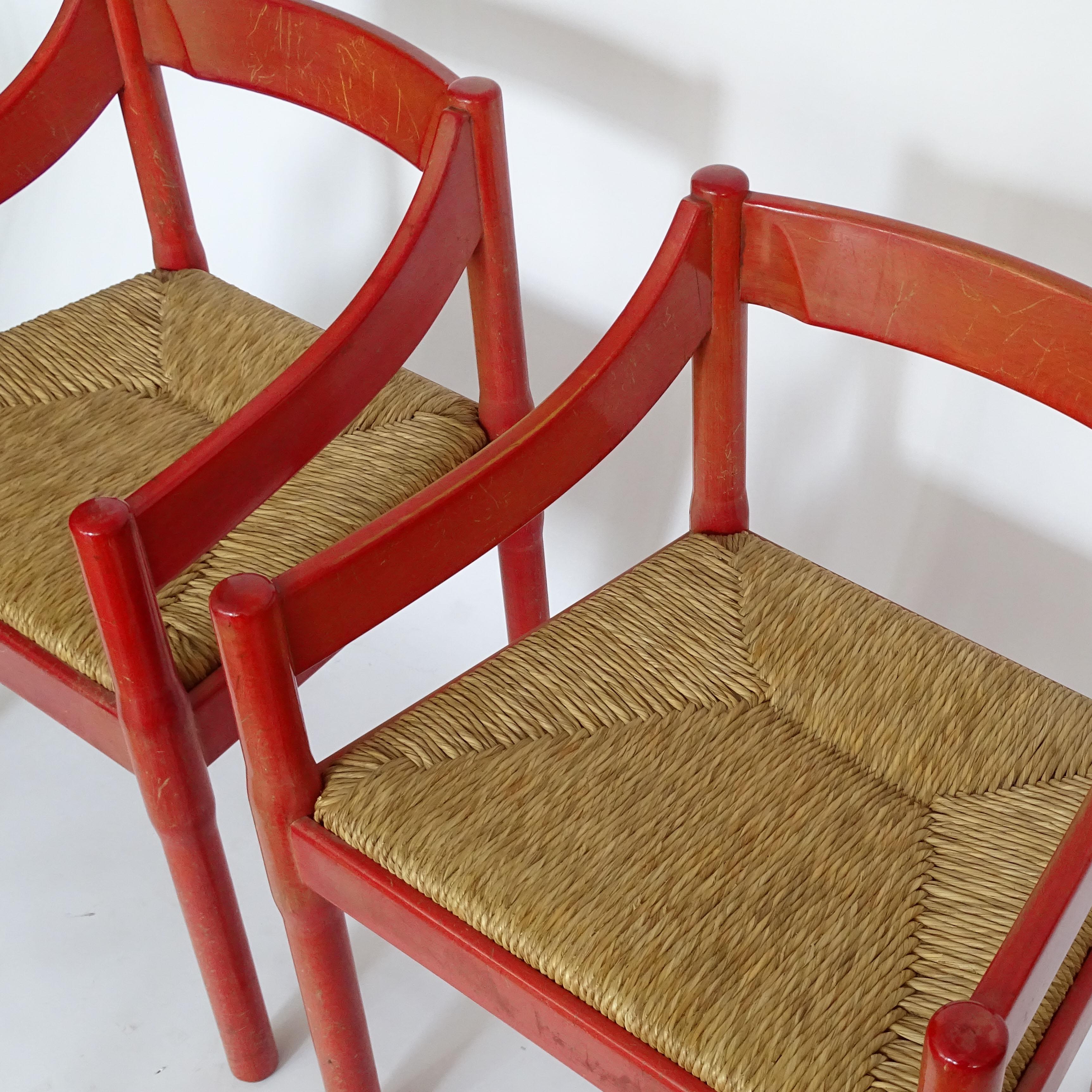 Vico Magistrett pair of red carimate armchairs for Cassina, Italy, 1961
Original red lacquer.
Original straw seats.