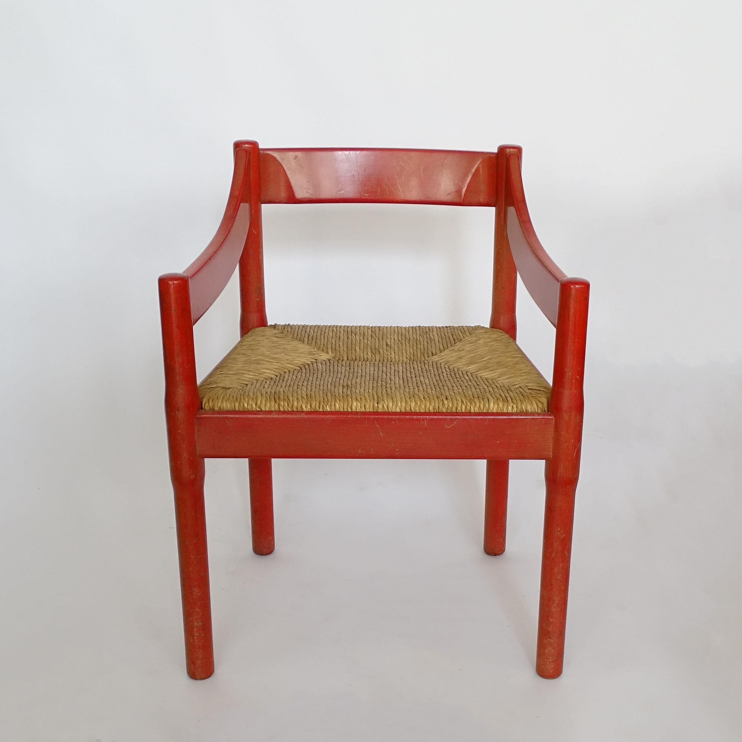 Mid-Century Modern Vico Magistretti Pair of Red Carimate Armchairs for Cassina, Italy, 1961 For Sale