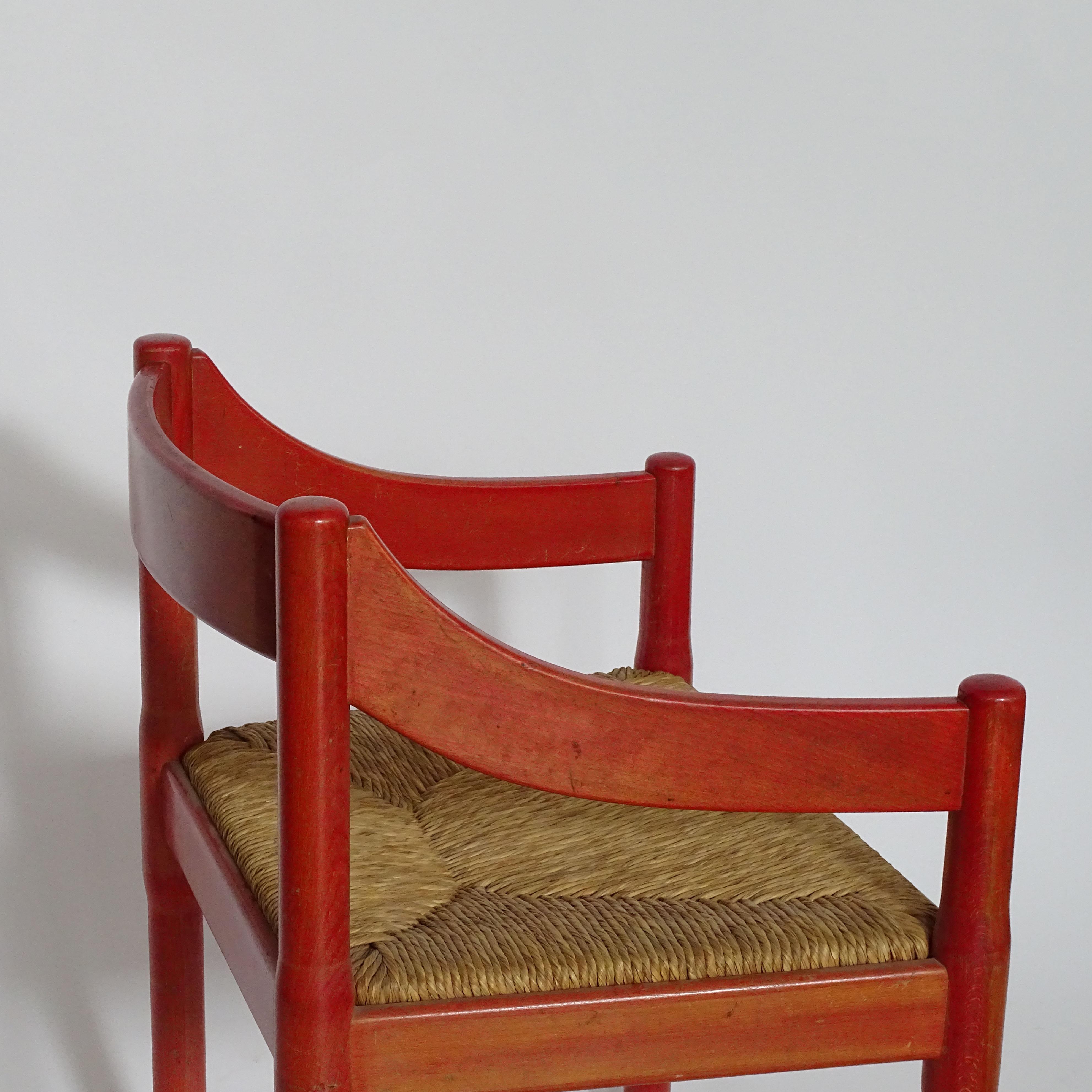 Straw Vico Magistretti Pair of Red Carimate Armchairs for Cassina, Italy, 1961 For Sale