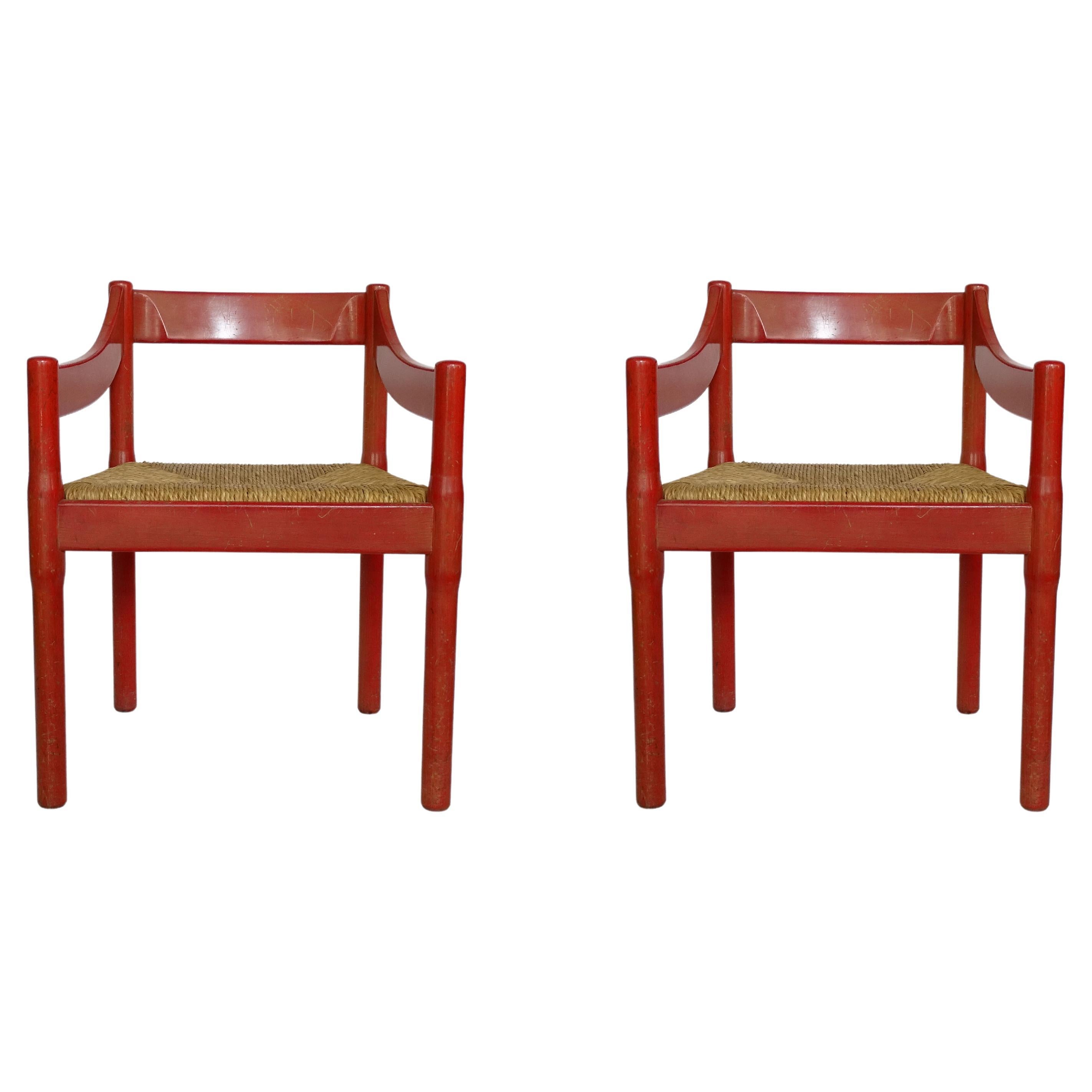 Vico Magistretti Pair of Red Carimate Armchairs for Cassina, Italy, 1961