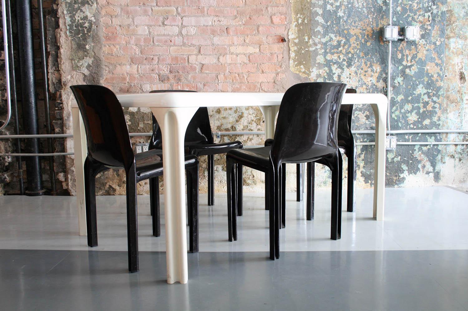 Italian Vico Magistretti Selene White Rectangular Dining Table and Four Chairs Set