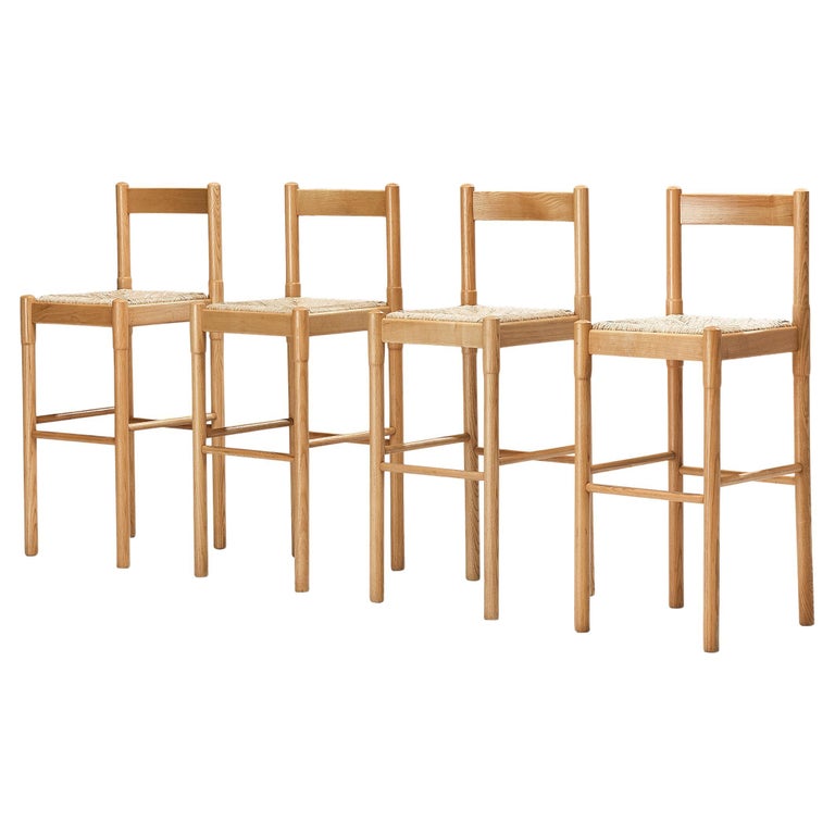 Vico Magistretti Set of Four Barstools in Ash and Straw For Sale