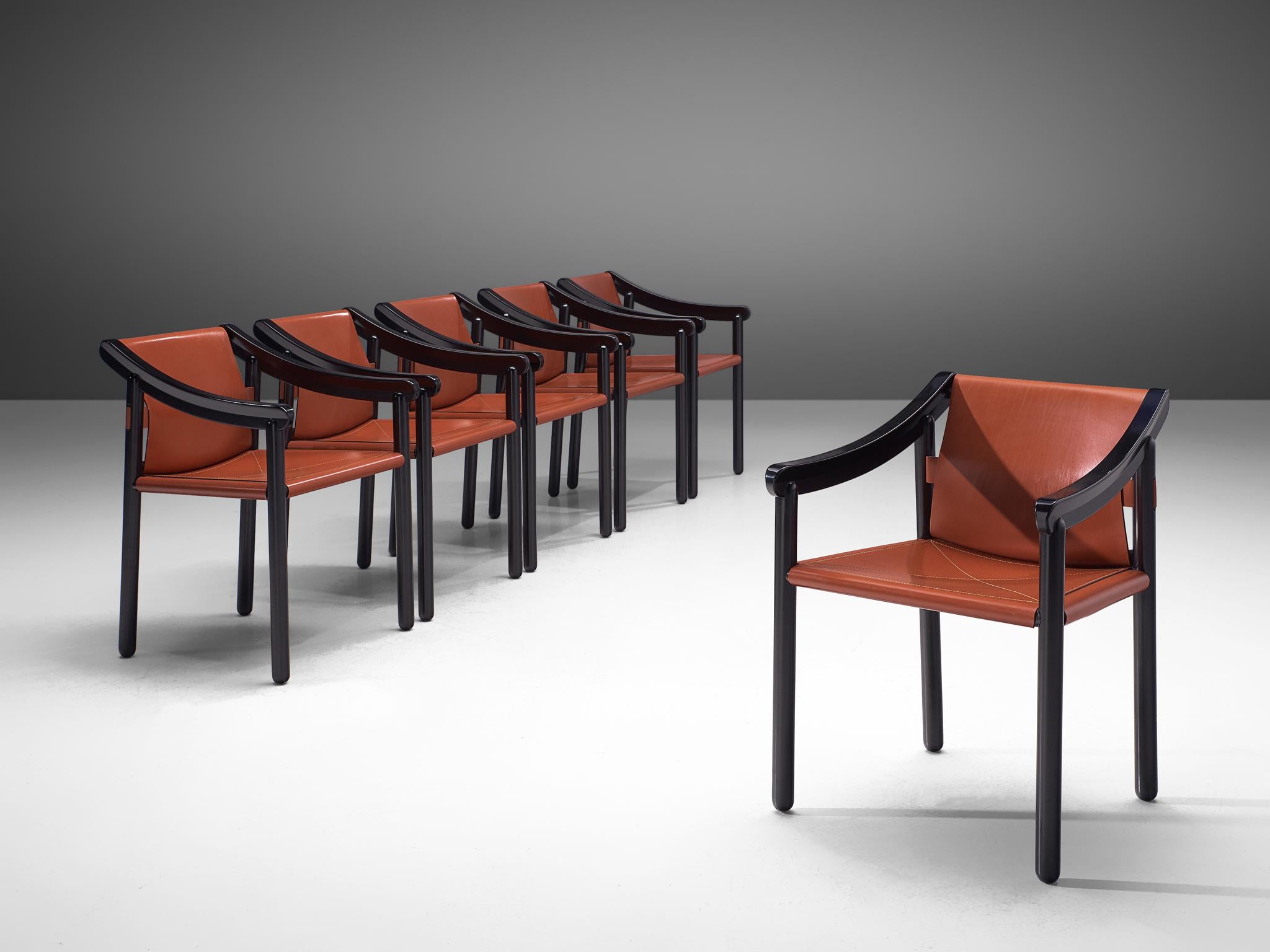Mid-Century Modern Vico Magistretti Set of Six '905' armchairs in Crimson Red Leather