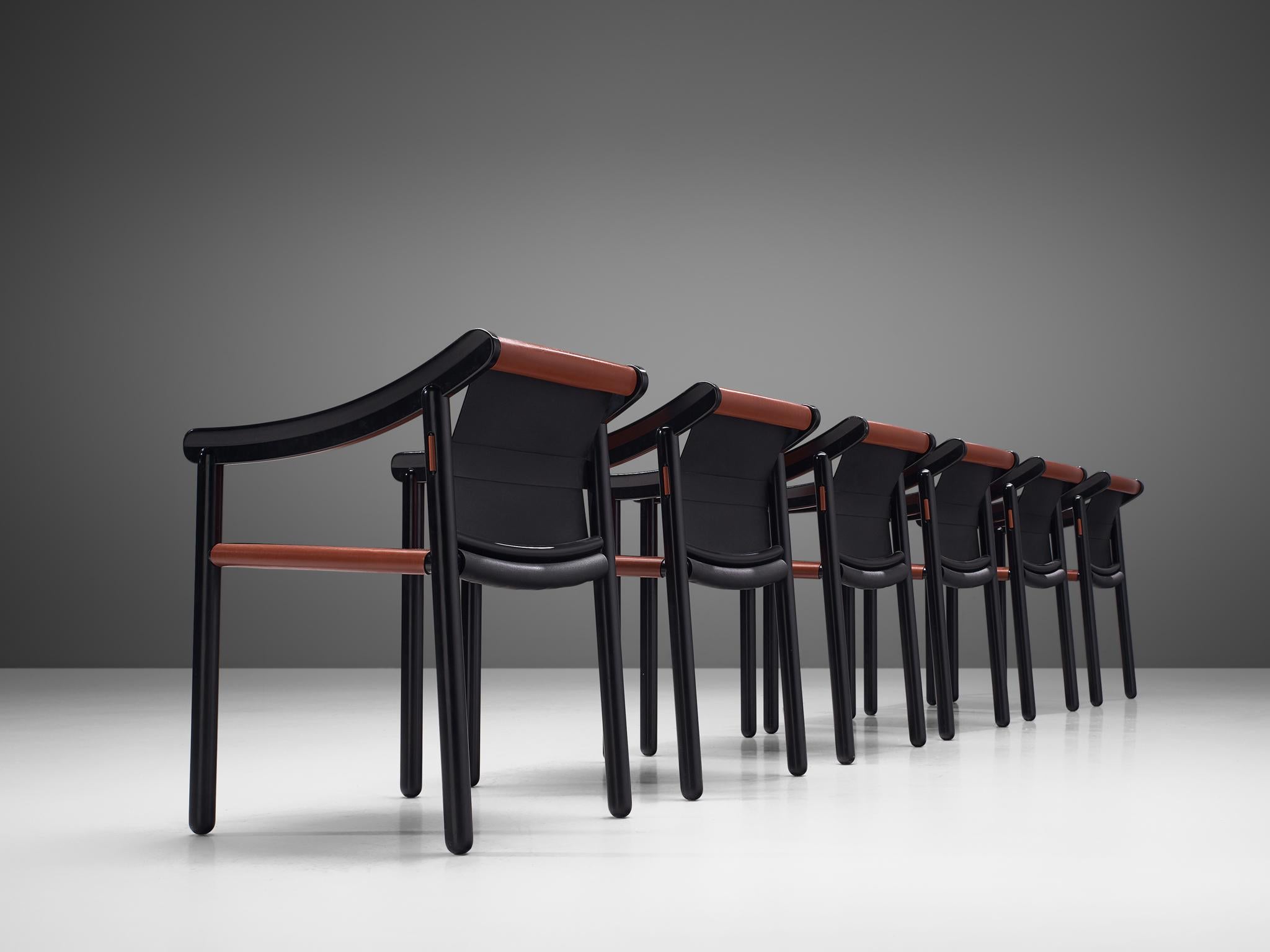 Italian Vico Magistretti Set of Six '905' armchairs in Crimson Red Leather