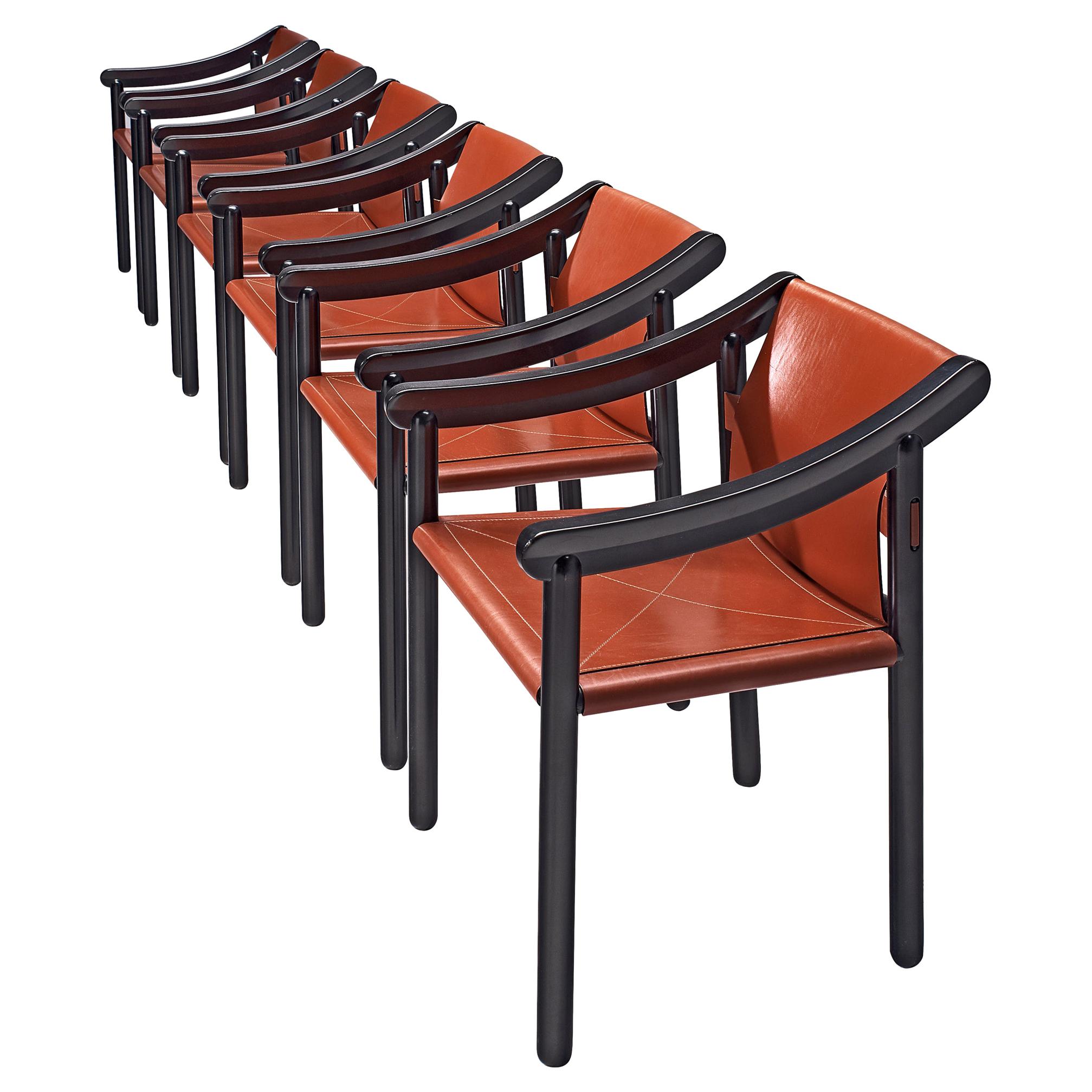 Vico Magistretti Set of Six '905' armchairs in Crimson Red Leather