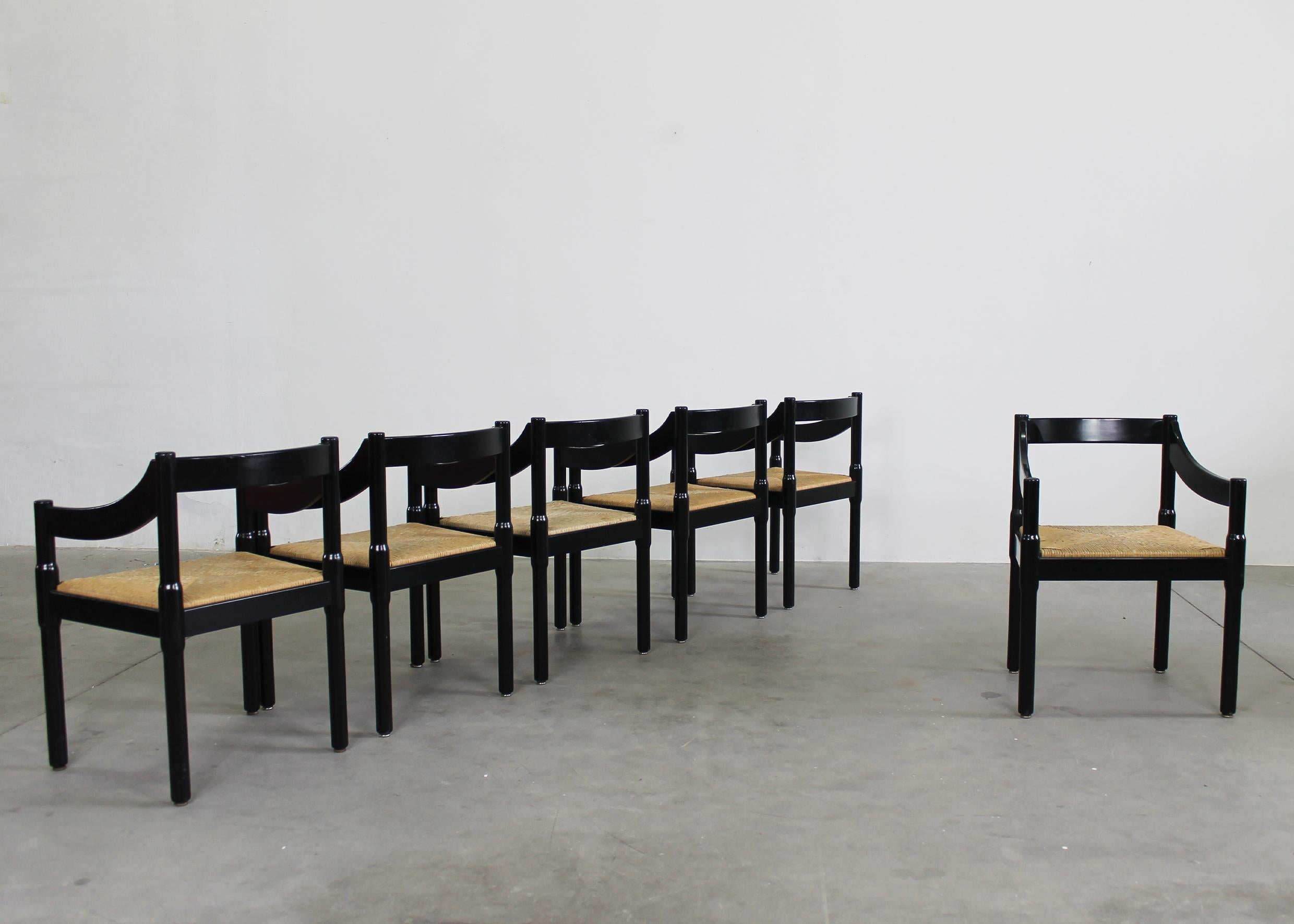 Italian Vico Magistretti Set of Six Black Carimate Chairs by Cassina 1960s For Sale