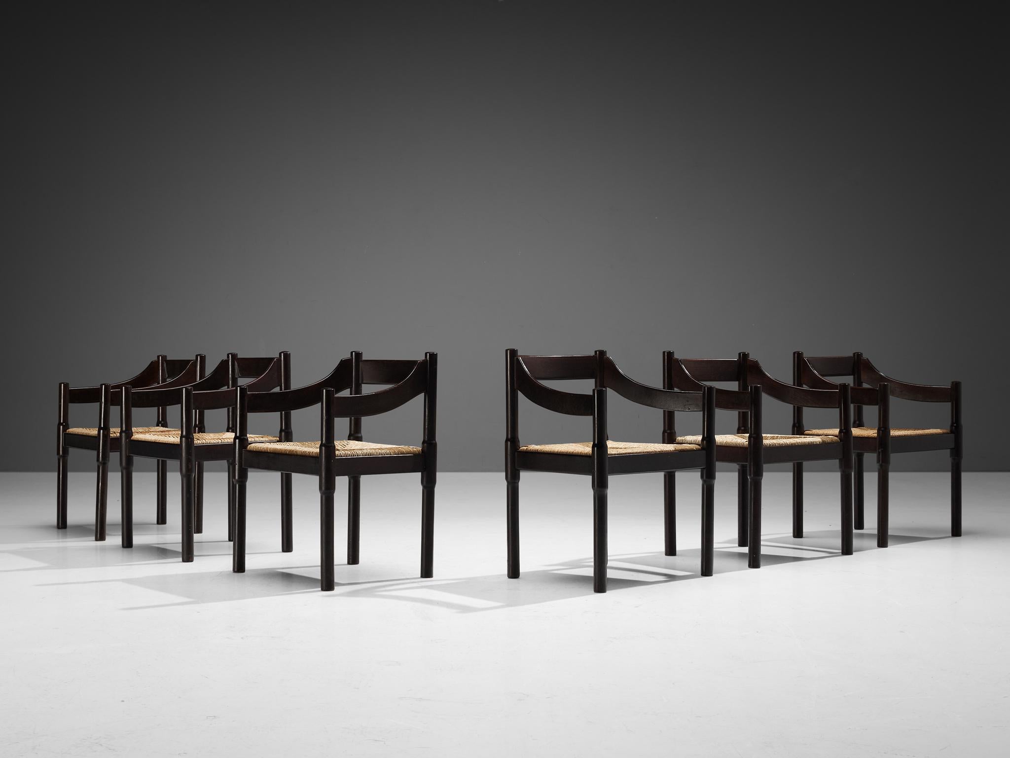Italian Vico Magistretti Set of Six ‘Carimate’ Dining Chairs in Straw For Sale