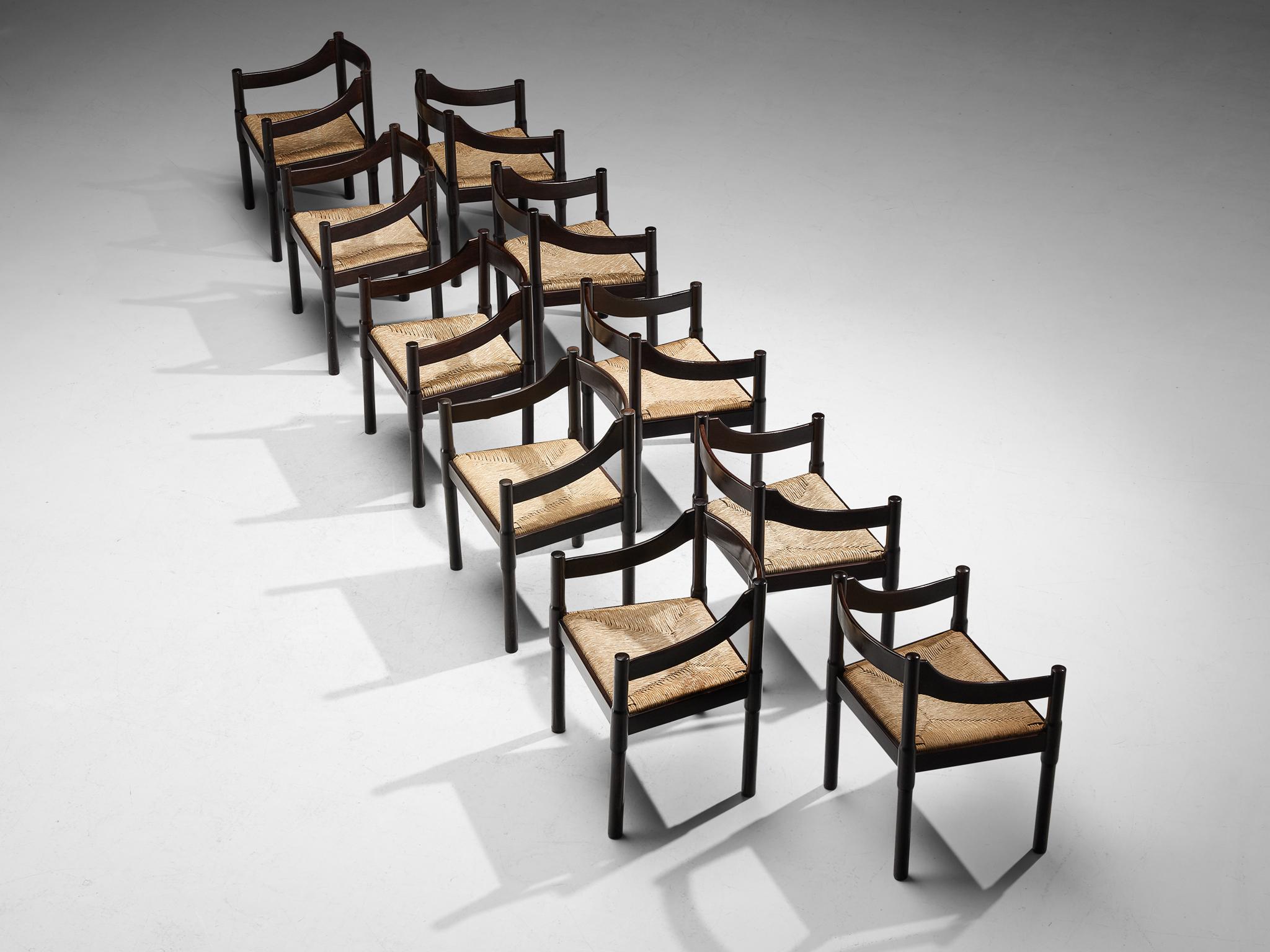 Mid-20th Century Vico Magistretti Set of Ten ‘Carimate’ Dining Chairs in Straw  For Sale