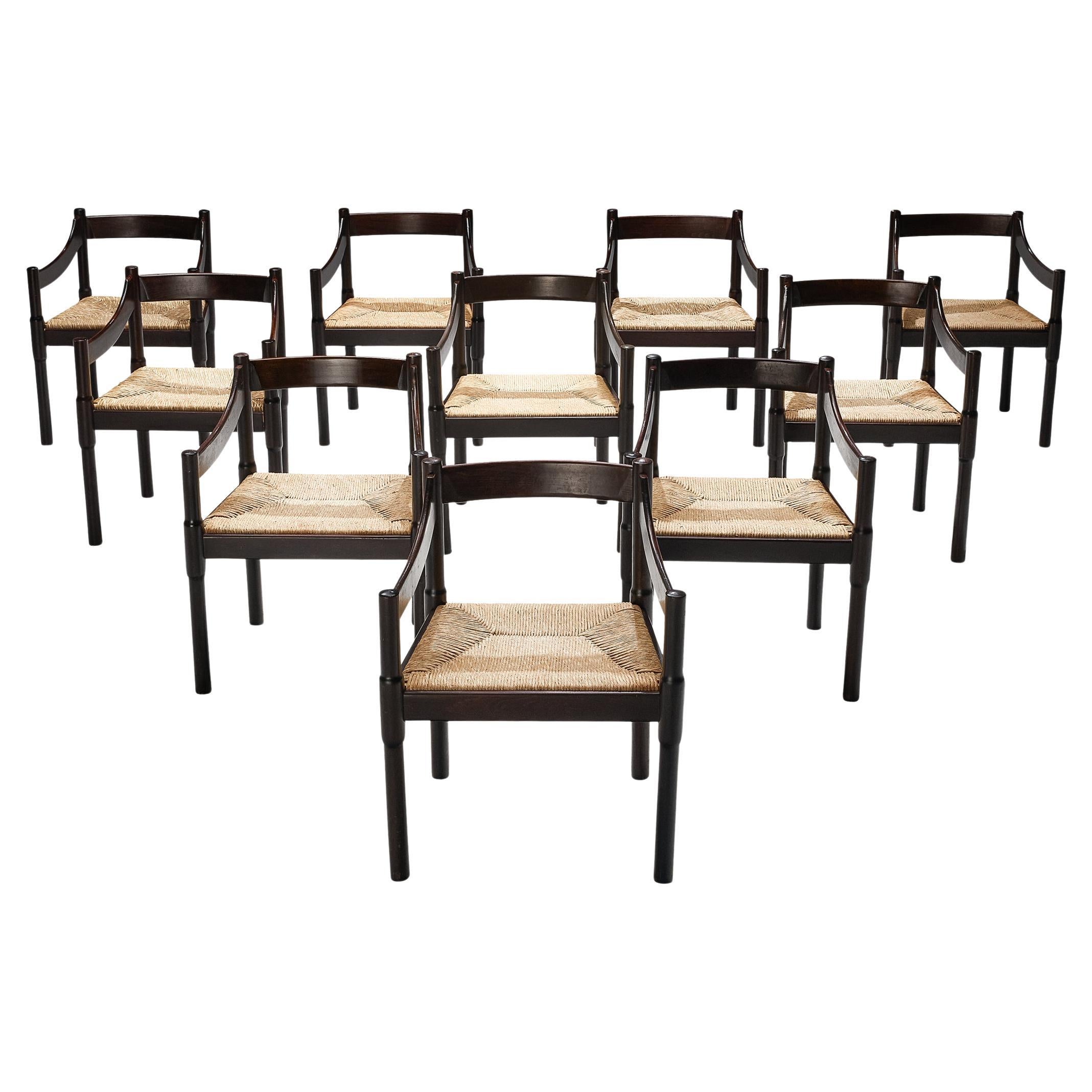 Vico Magistretti Ensemble de dix chaises de salle à manger 'Carimate' en paille  en vente