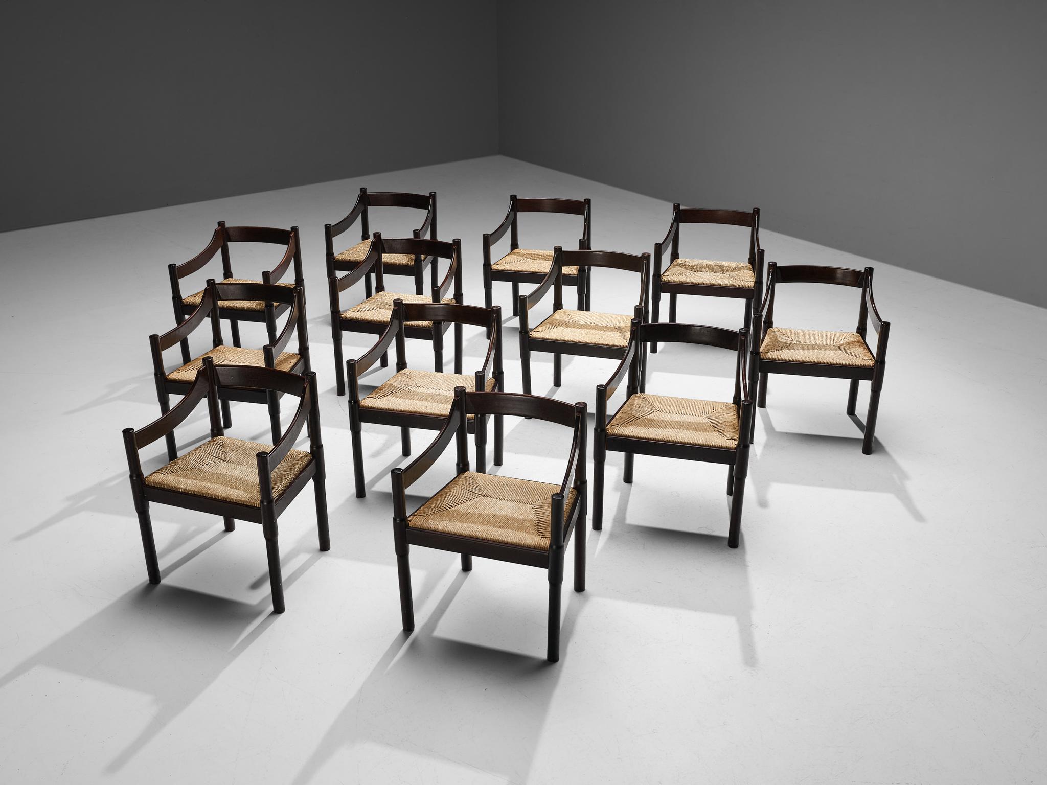 Mid-Century Modern Vico Magistretti Set of Twelve ‘Carimate’ Dining Chairs in Straw  For Sale