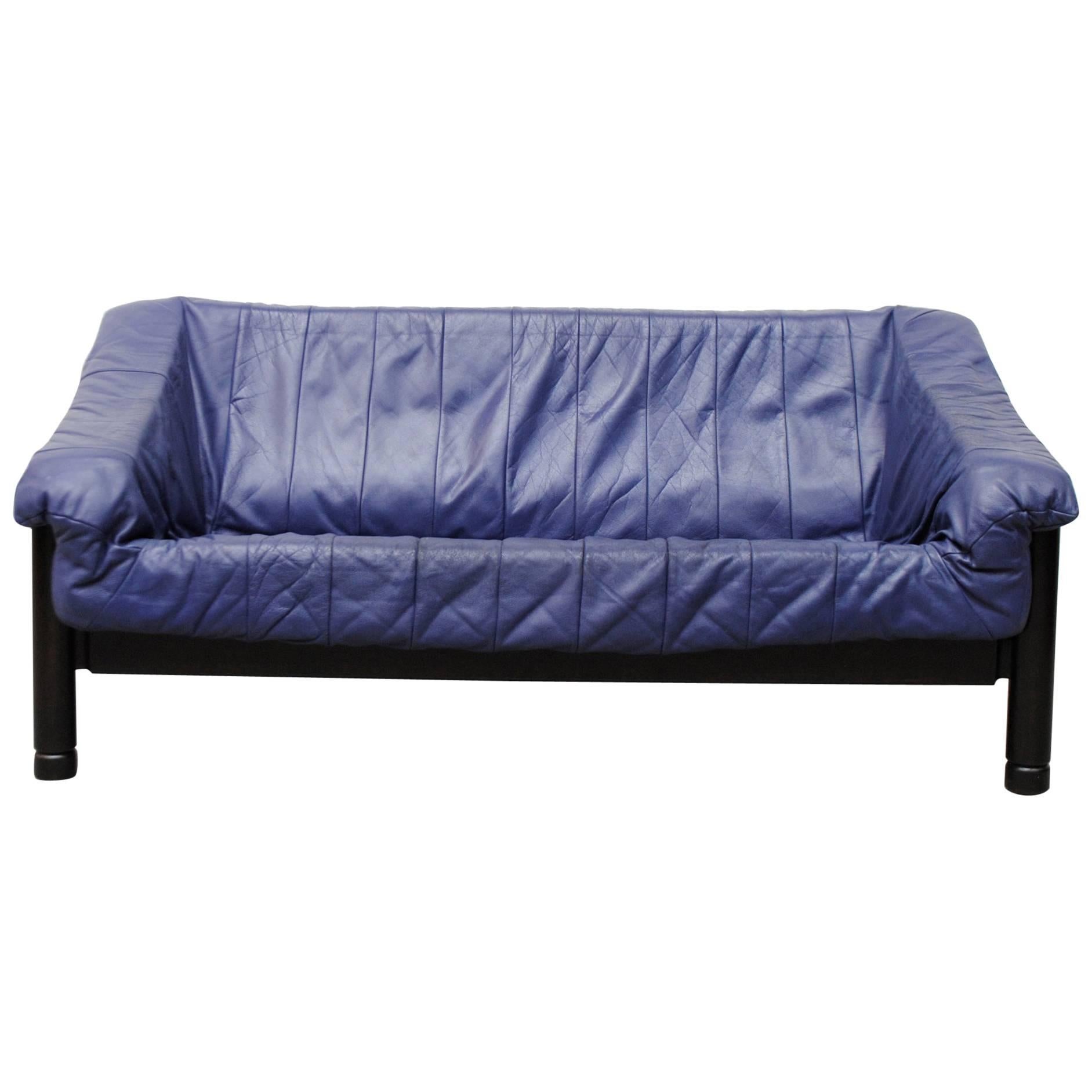 Vico Magistretti Style "Carimate" Blue Leather Loveseat