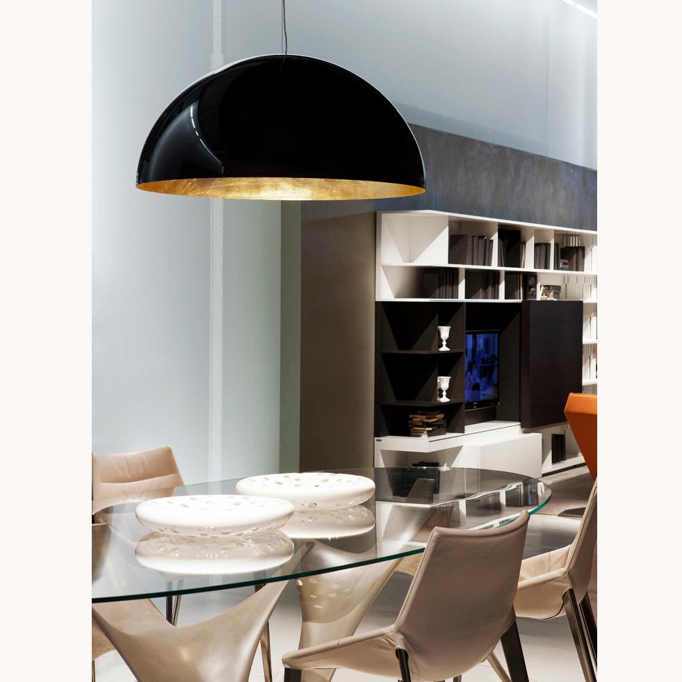 Mid-Century Modern Vico Magistretti Suspension Lamp 'Sonora' Black Outside and Gold Inside by Oluce