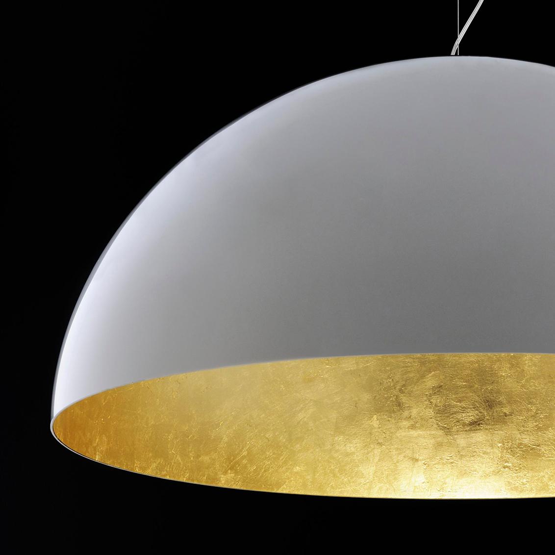 Mid-Century Modern Vico Magistretti Suspension Lamp 'Sonora' White Outside and Gold Inside by Oluce