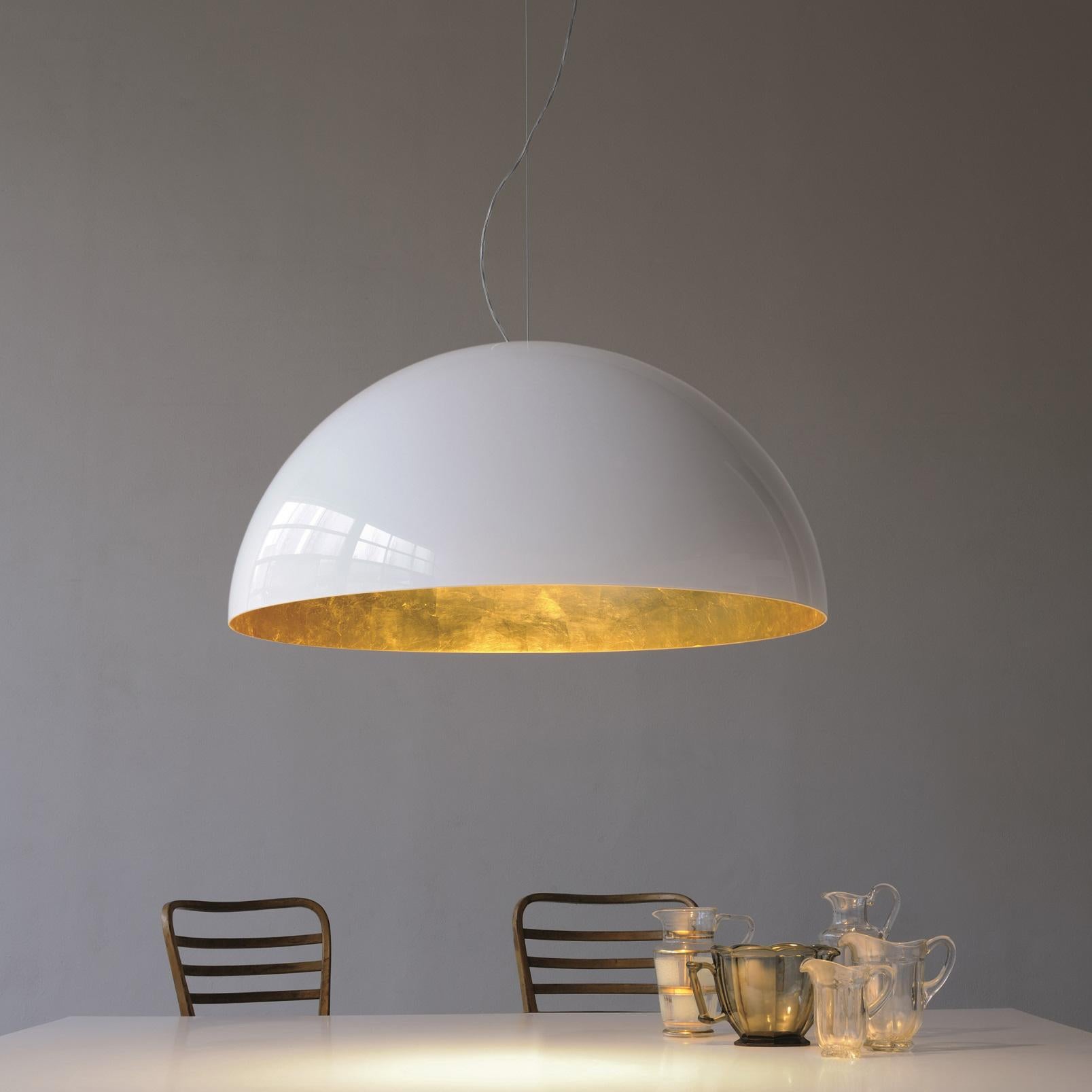 Italian Vico Magistretti Suspension Lamp 'Sonora' White Outside and Gold Inside by Oluce