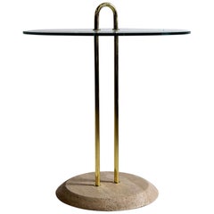 Vico Magistretti Travertine and Brass Hollywood Regency Side Table for Cattelan