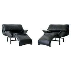 Used Vico Magistretti " Veranda " Lounge Chairs Black Leather