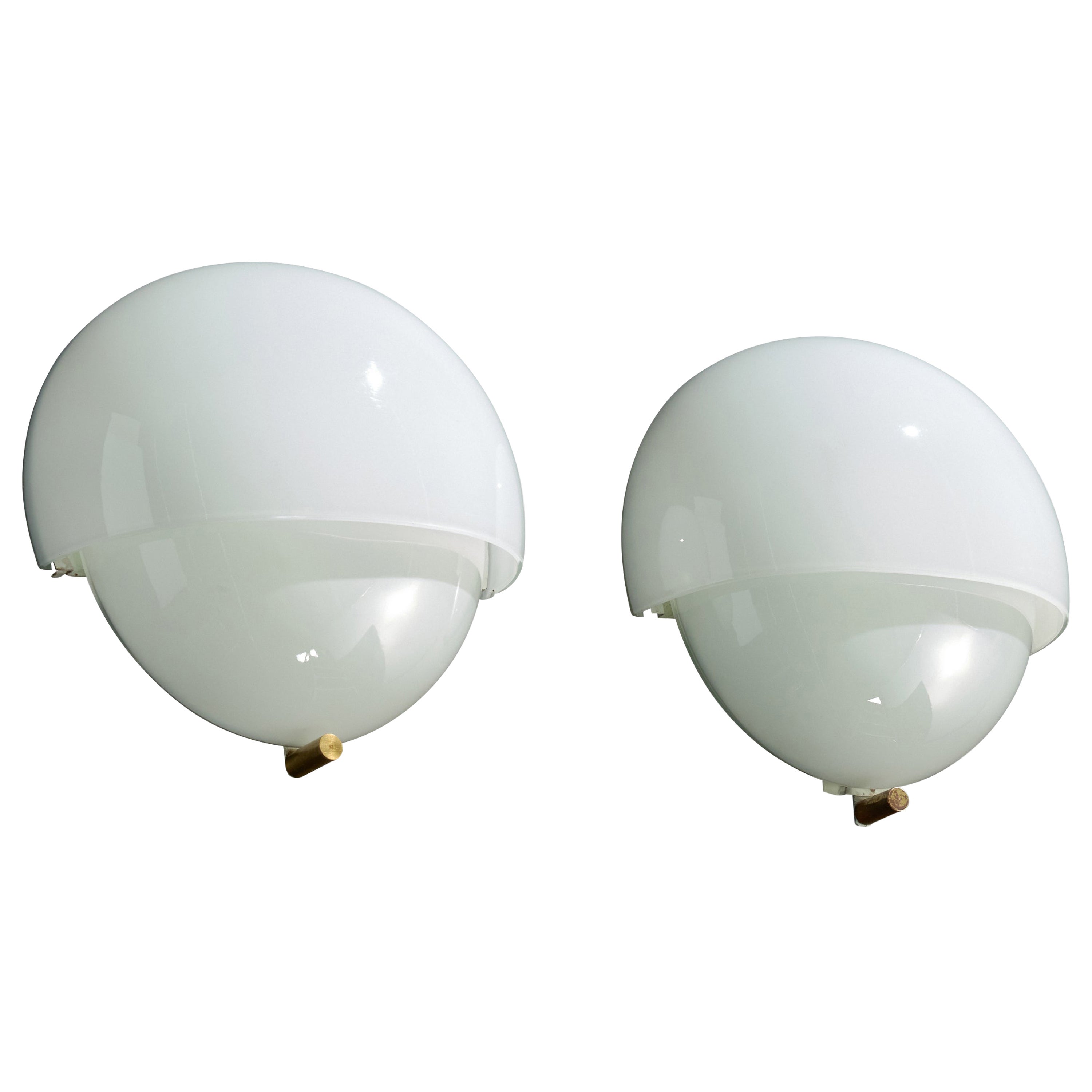 Vico Magistretti, Wall Lights, Glass, Brass, Italy, 1960s