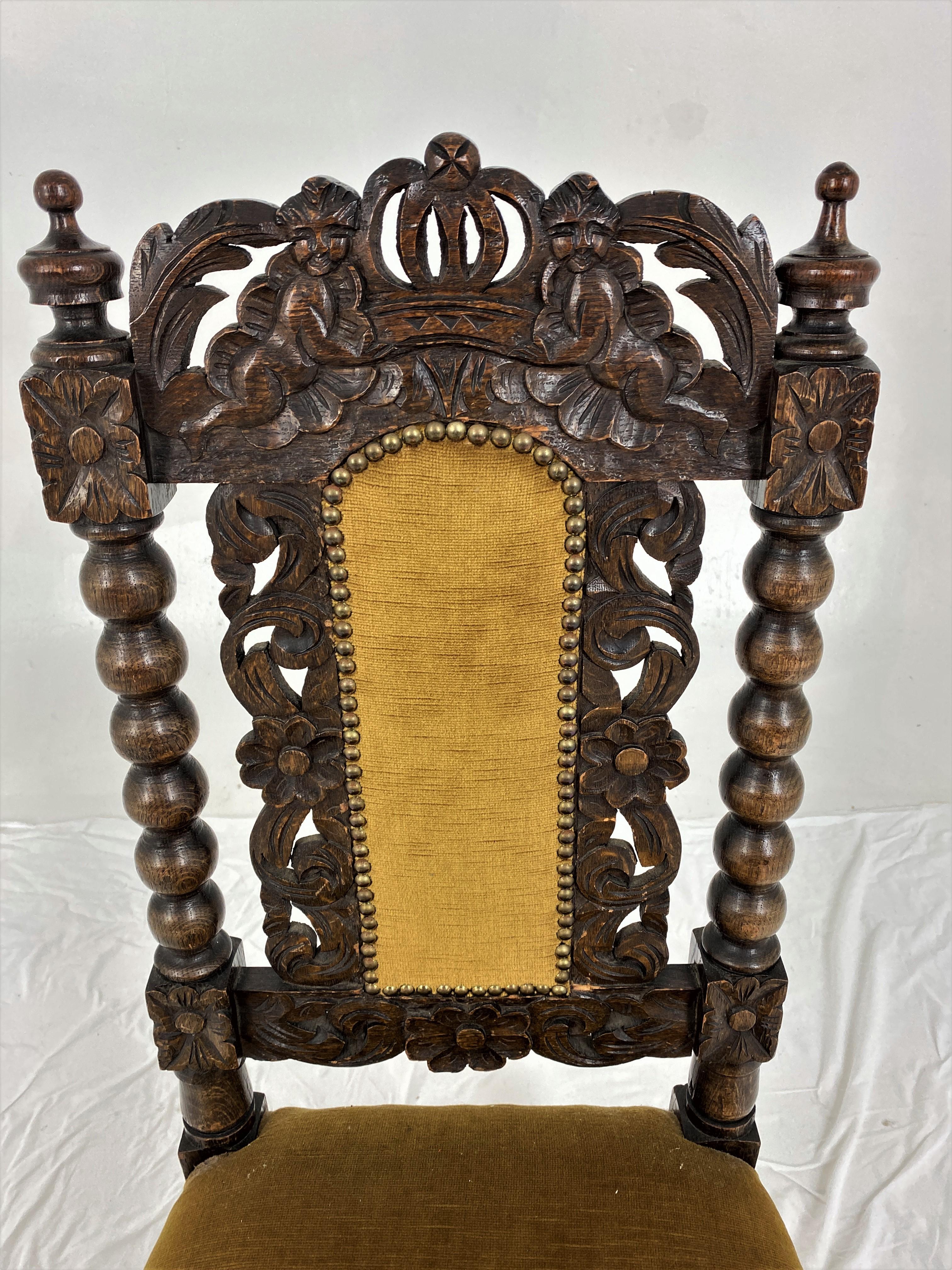 Victorian Vict. Carved Oak Jacobean Bobbin Upholstered Nursing Chair, Scotland 1880, H859 For Sale