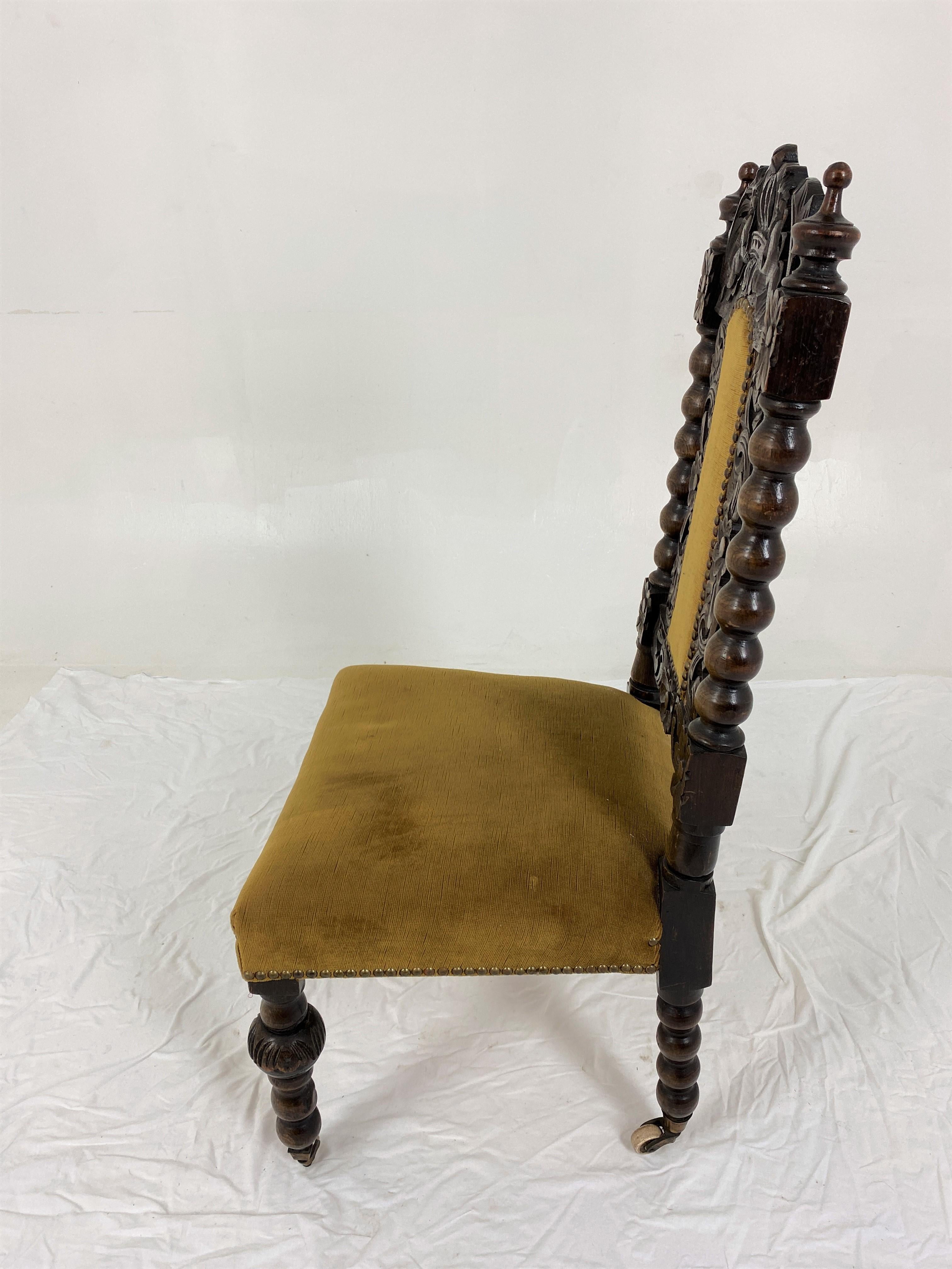 Vict. Carved Oak Jacobean Bobbin Upholstered Nursing Chair, Scotland 1880, H859 For Sale 1