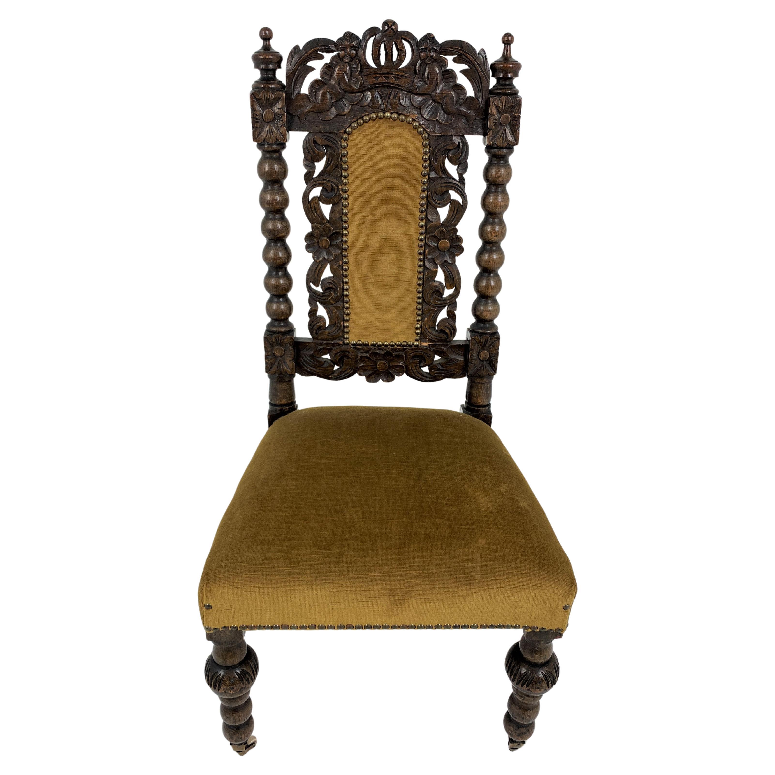 Vict. Carved Oak Jacobean Bobbin Upholstered Nursing Chair, Scotland 1880, H859 For Sale