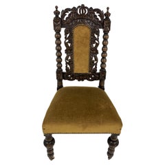 Antique Vict. Carved Oak Jacobean Bobbin Upholstered Nursing Chair, Scotland 1880, H859