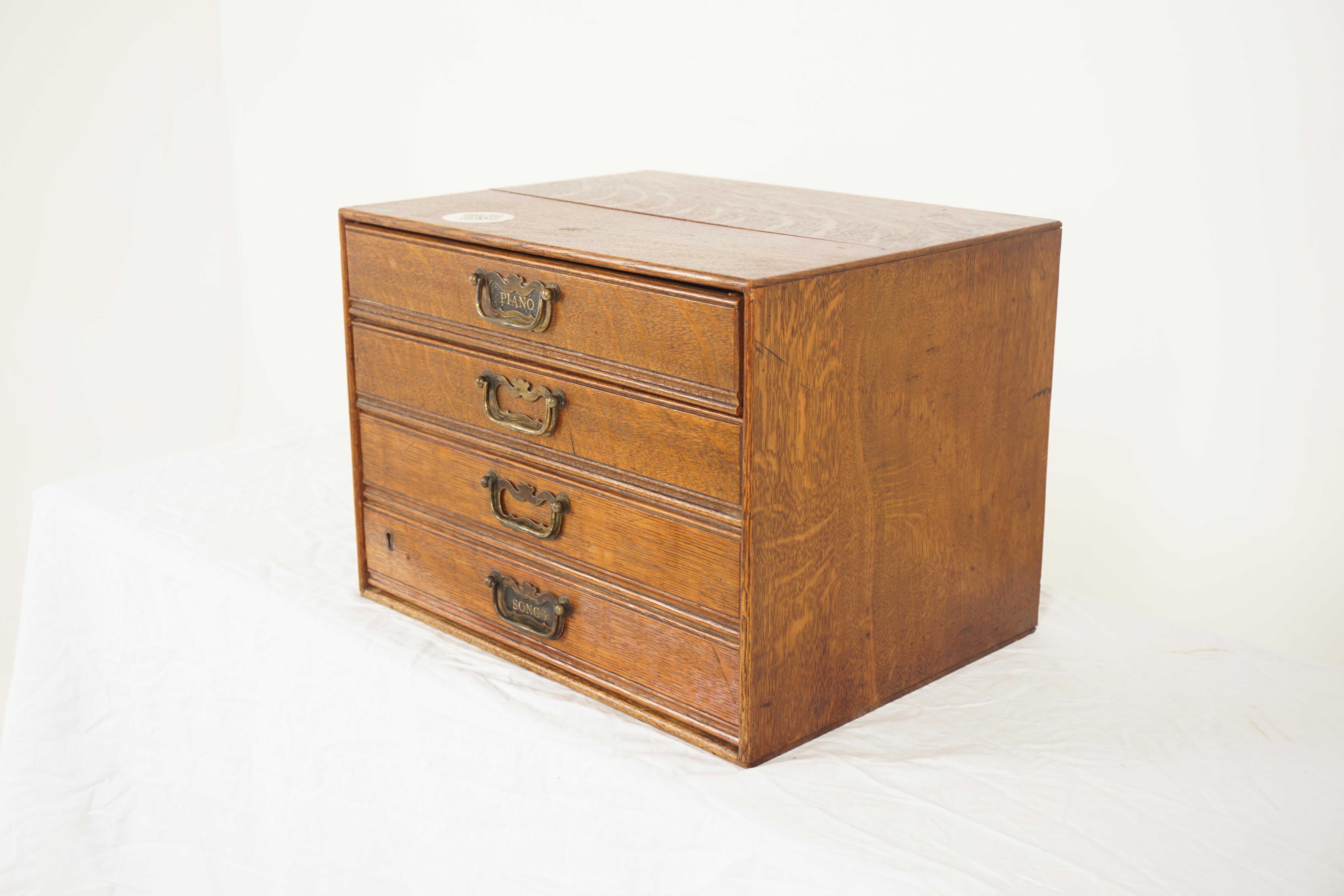 Antique Victorian Tiger Oak Table Top Stationary  Four Drawer File Cabinet, Music Cabinet, Scotland 1900, H855

Scotland 1900
Solid Oak
Original finish
Rectangular Top
Four pull out drawers with original brass handles
All sitting on a plain