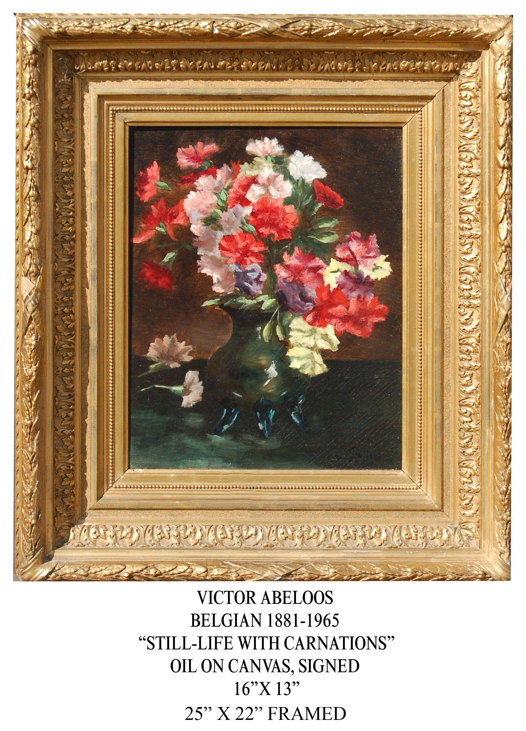 20th century Belgium oil, still-life of flowers, carnations in a vase. - Painting by Abeloos, Victor
